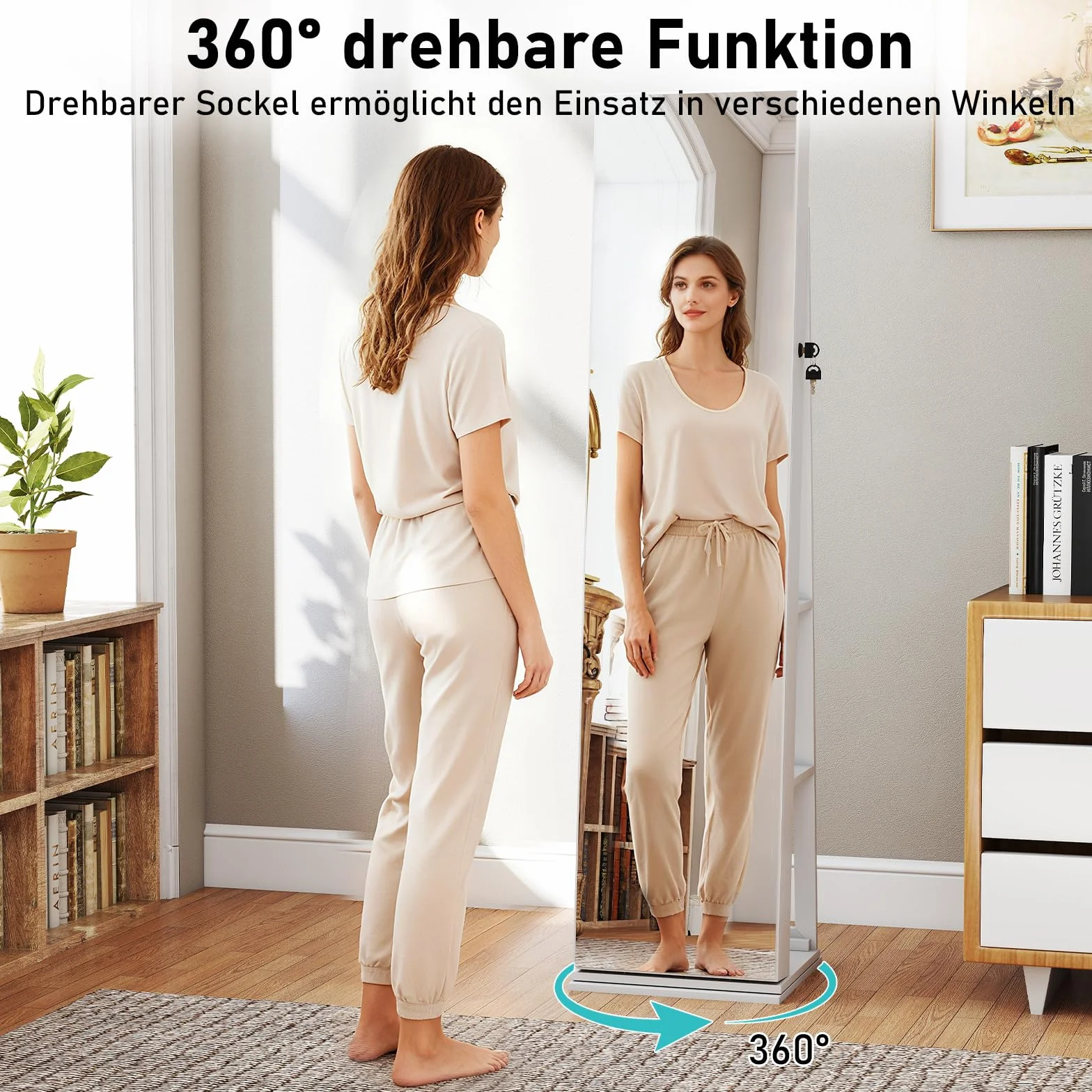 COSTWAY Szafka na biżuterię, obracana o 360°, szafka z lustrem zamykana, z lampkami LED i lustrem do makijażu, wolnostojące lustro na całe ciało, do łańcuszków, kolczyków, makijażu (biała)