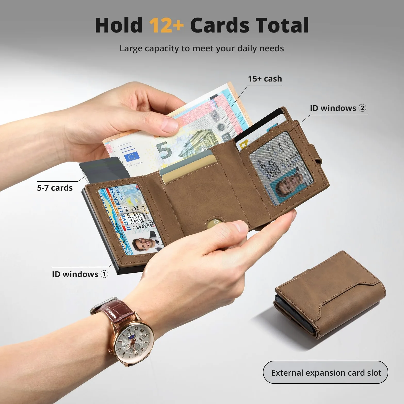 Slim Wallet z kieszenią na monety, męski portfel z ochroną RFID, portfel męski Slim Smat Wallet, etui na karty pop-up, na 10 kart, portfel męski, B03 - brązowy, Dreifach gefaltet, Minimalistyczny