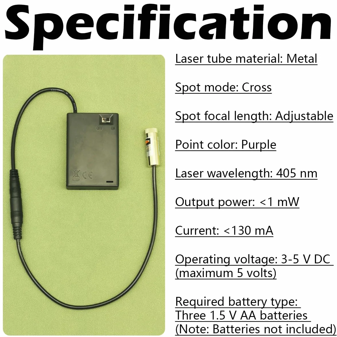 CTRICALVER Kit de módulo láser foco ajustável, Diodo módulo láser industrial 405 nm, 3-5V, Conector DC 2,1 mm + Kit fuente alimentación (Forma luz: Cruz morada)