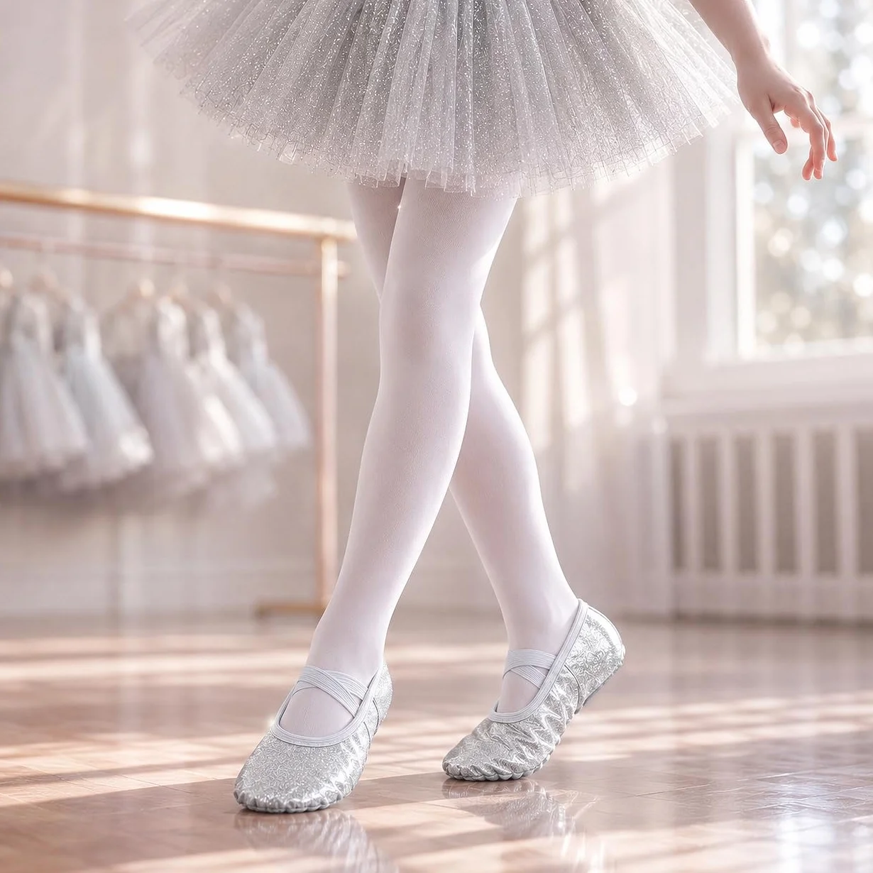 Błyszczące dziewczęce buty baletowe, baletki, baleriny, buty do tańca, występu, gimnastyki