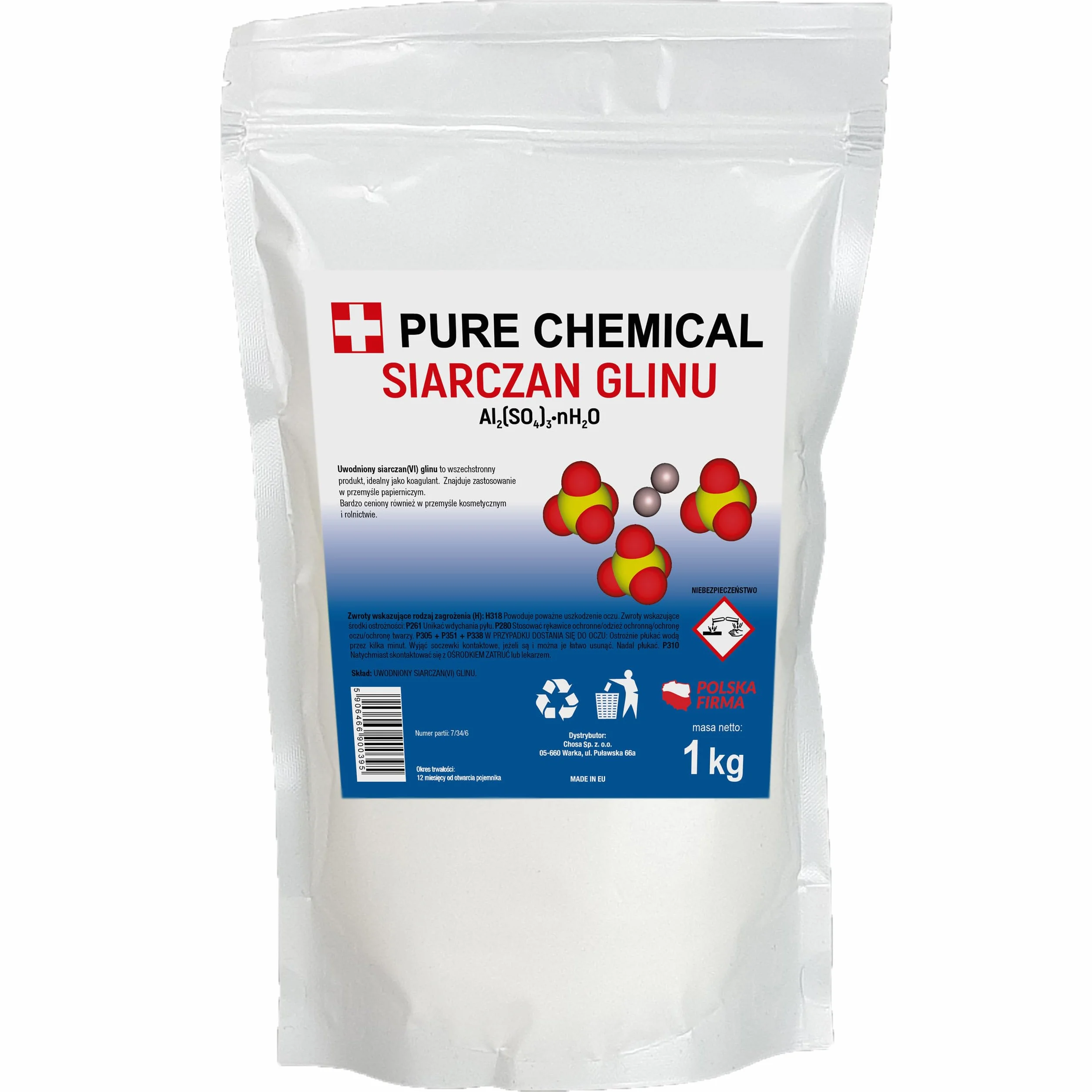 PURE CHEMICAL Siarczan glinu 1kg - proszek siarczanu glinu - koagulant do uzdatniania wody, ścieków, przemysłu papierniczego, chemii technicznej