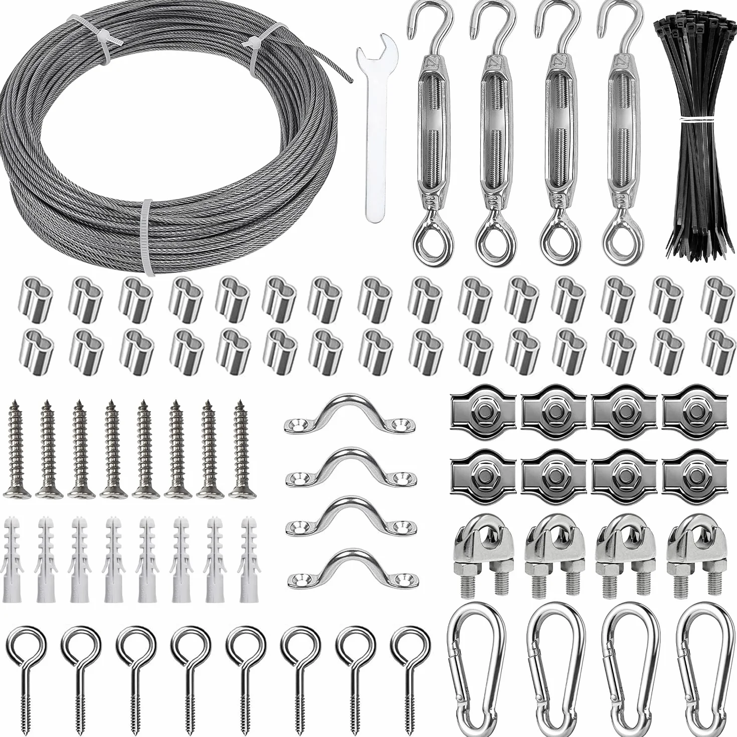 172 szt. Zestaw napinaczy linek ze stali nierdzewnej, 30 m Φ2 mm powlekany PVC kabel ze stali nierdzewnej, napinacz M4 i haczyk, zacisk do kabli metalowych, do zewnętrznego drutu do prania