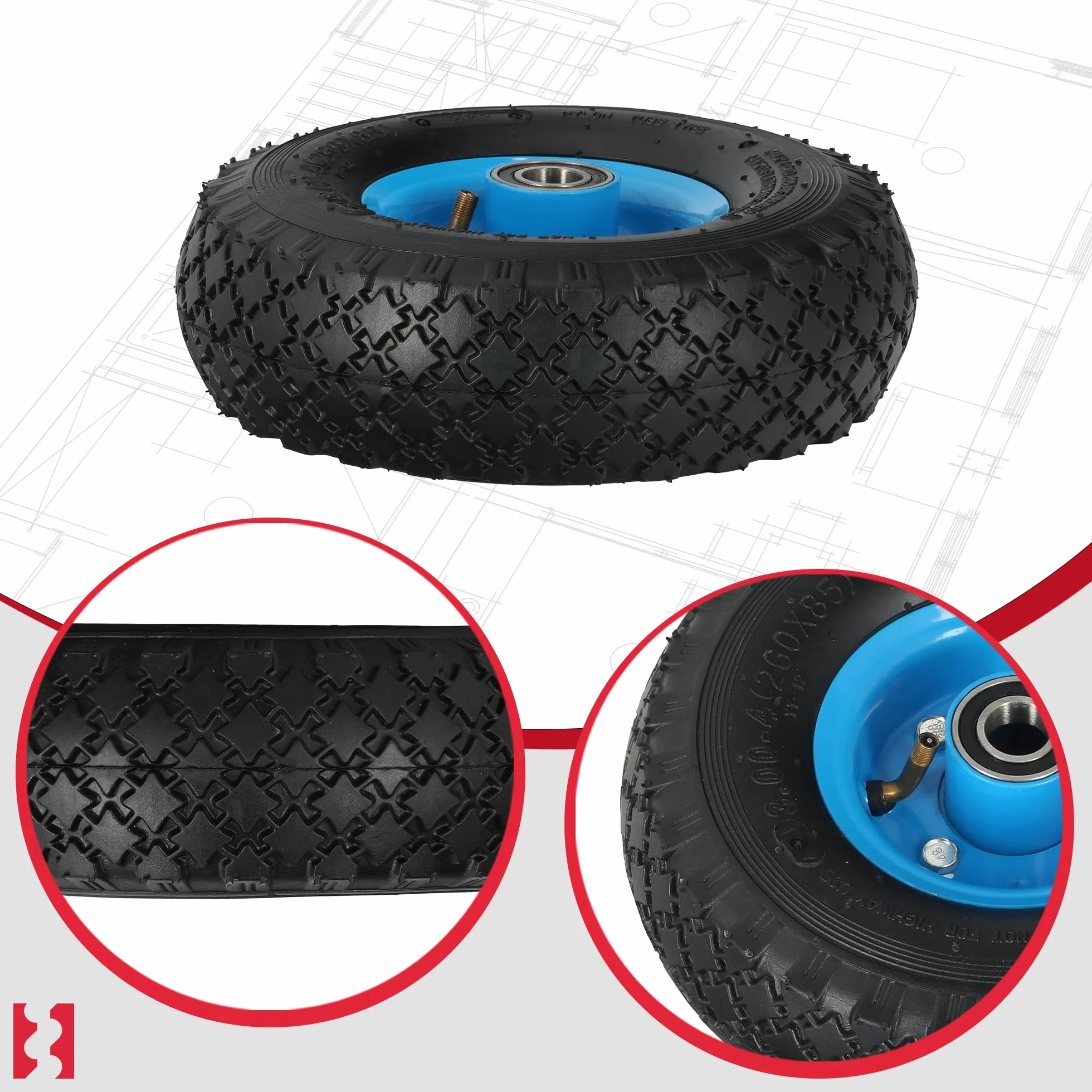 KOTARBAU® Zestaw 2 kół do wózka transportowego, koła do wózka transportowego z pełnymi oponami gumowymi 260 x 85 mm 3.00-4, wzmocnione, 4PR, koła kompletne, opony do wózka transportowego, koła