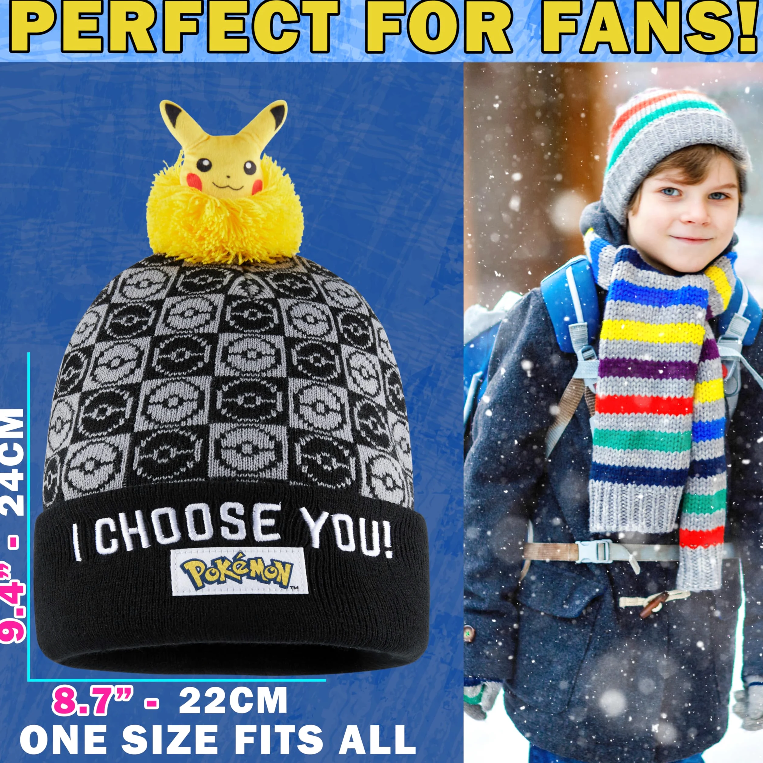 Pokemon dziecięca czapka beanie, przytulna dzianinowa czapka zimowa, jeden rozmiar, prezenty dla dzieci