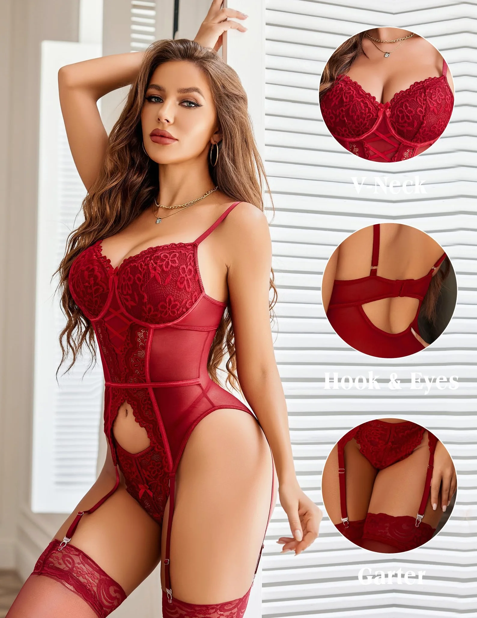Avidlove Zestawy bielizny damskiej Seksowne koronkowe body dekolt w serek bielizna do pończoch kwiatowy jednoczęściowy Teddy Babydolls trykot bez Sotcking