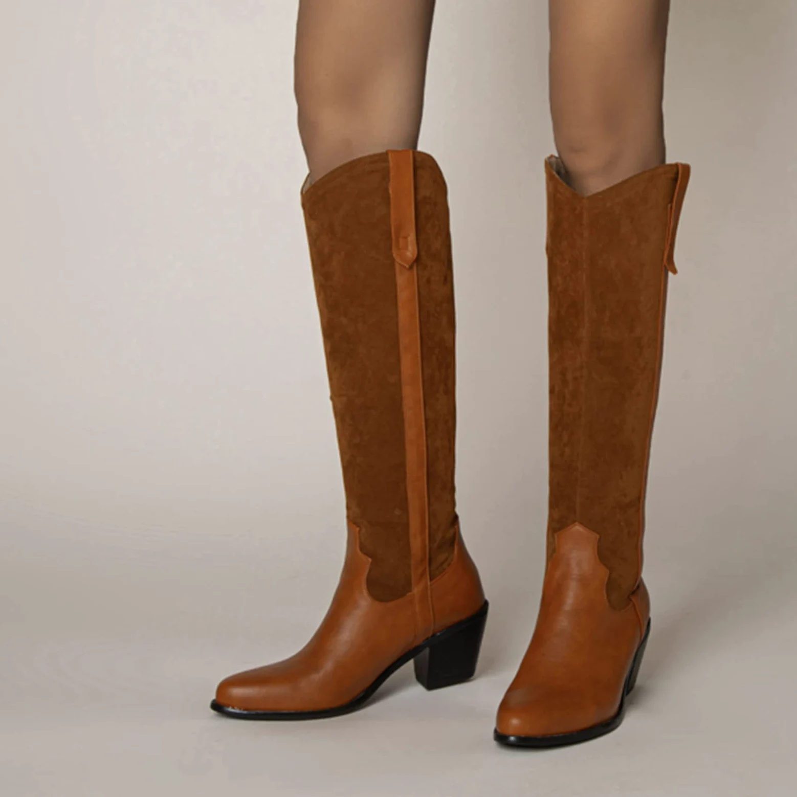 CUTEHEELS Damskie buty typu casual Slip-on Western do kolan wysokie buty z chunky obcasem i szpiczastym noskiem, żółty1, 43 EU