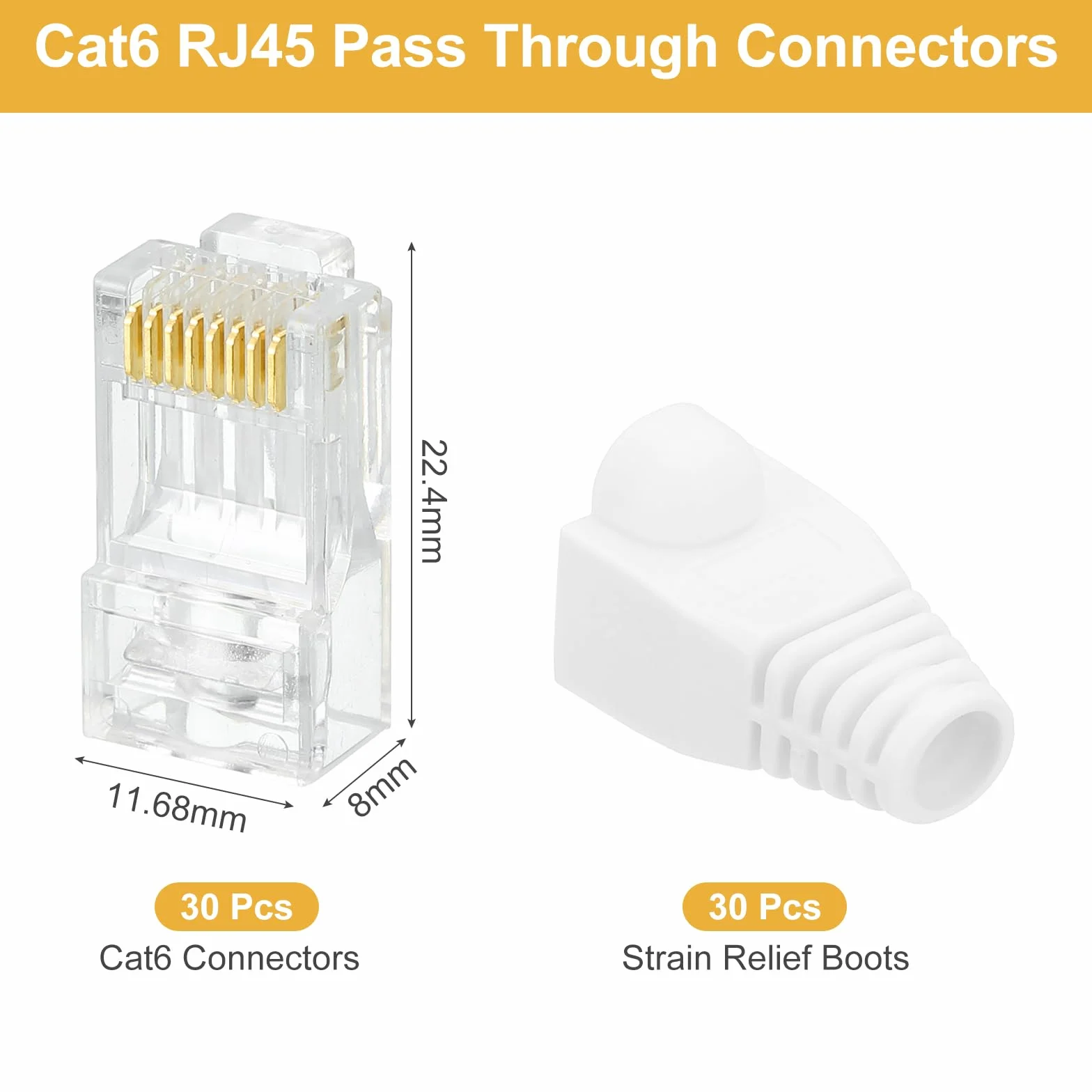 QUARKZMAN 30 szt. Złącza RJ45 Cat6 Pass Through, pozłacane złącze RJ45 8P8C z 30 białymi antypoślizgowymi tulejami do pełnego lub skręconego kabla Ethernet UTP, 1,1 mm