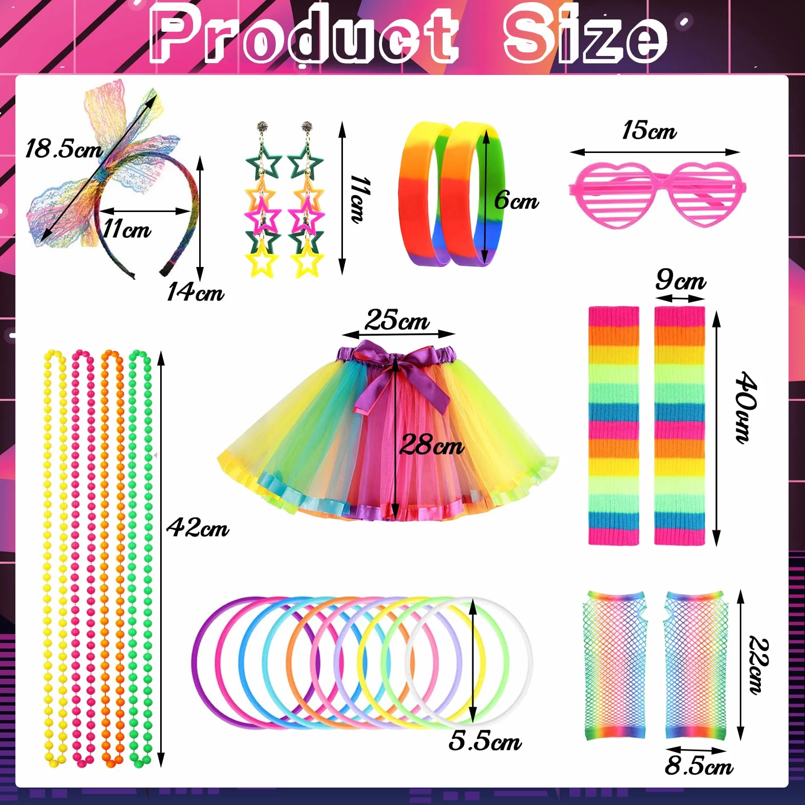 Przebranie w stylu retro w stylu lat 80. dla kobiet i dziewcząt, tęczowe akcesoria imprezowe z tutu, legginsy, rękawiczki, okulary, kolczyki, bransoletka, naszyjnik, opaska na głowę