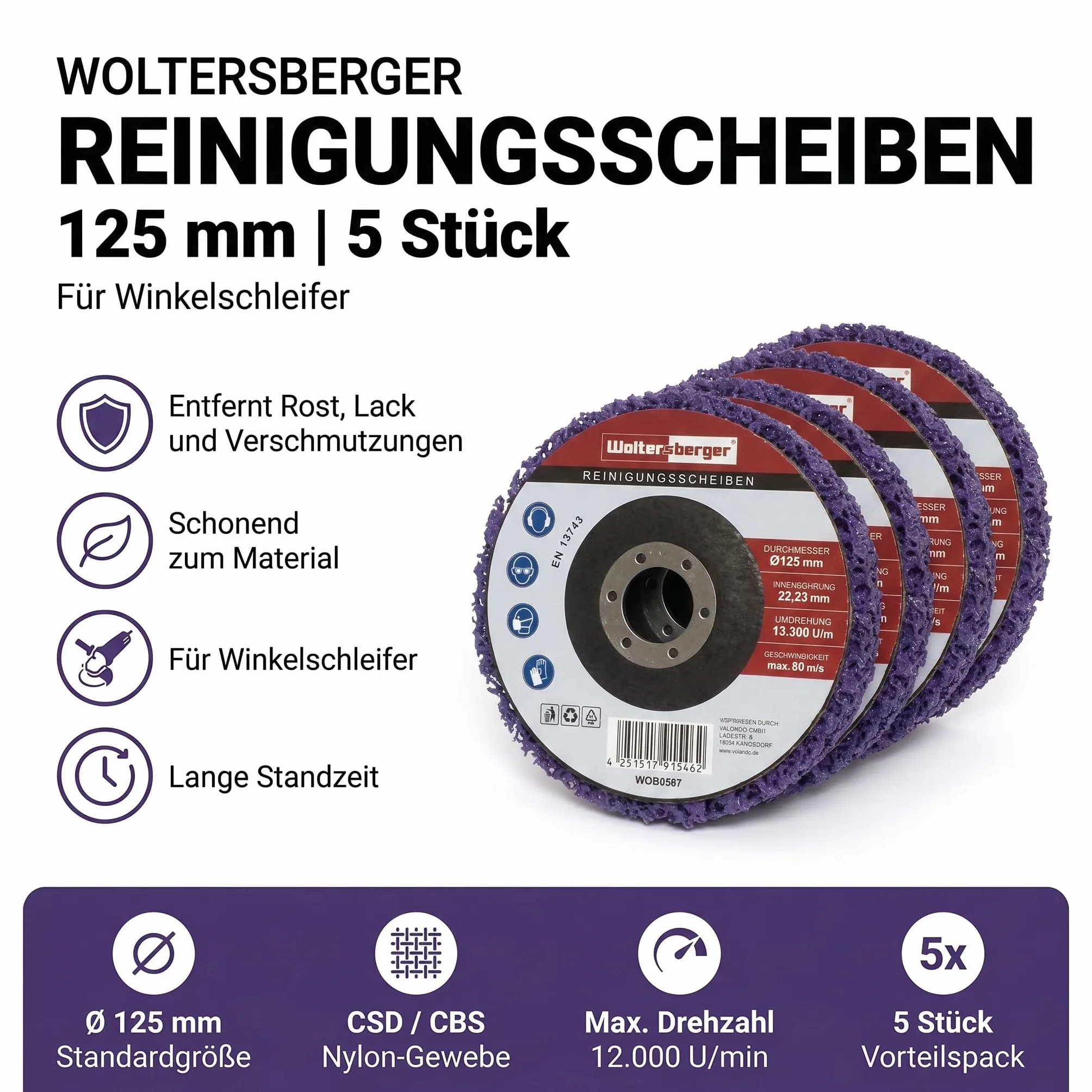 Woltersberger® 5 sztuk dużych tarcz czyszczących o średnicy 125 mm CSD włóknina do czyszczenia CBS nylon liliowy | purpurowy do szlifierek kątowych
