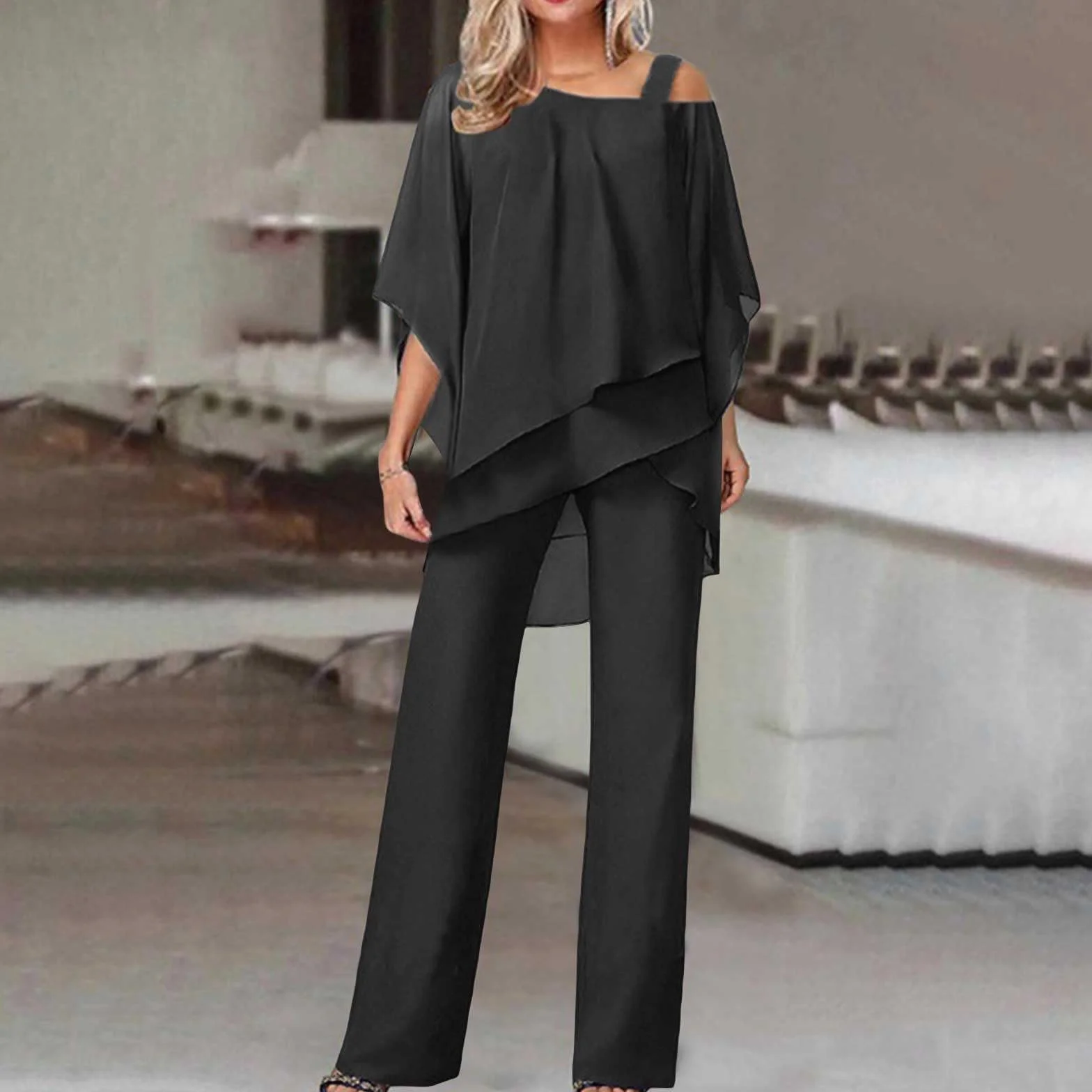 Damskie szyfonowe spodnie garnitury 2-częściowy zestaw zimnych ramion top i spodnie elegancki strój dla gości weselnych plus size matka panny młodej strój formalny