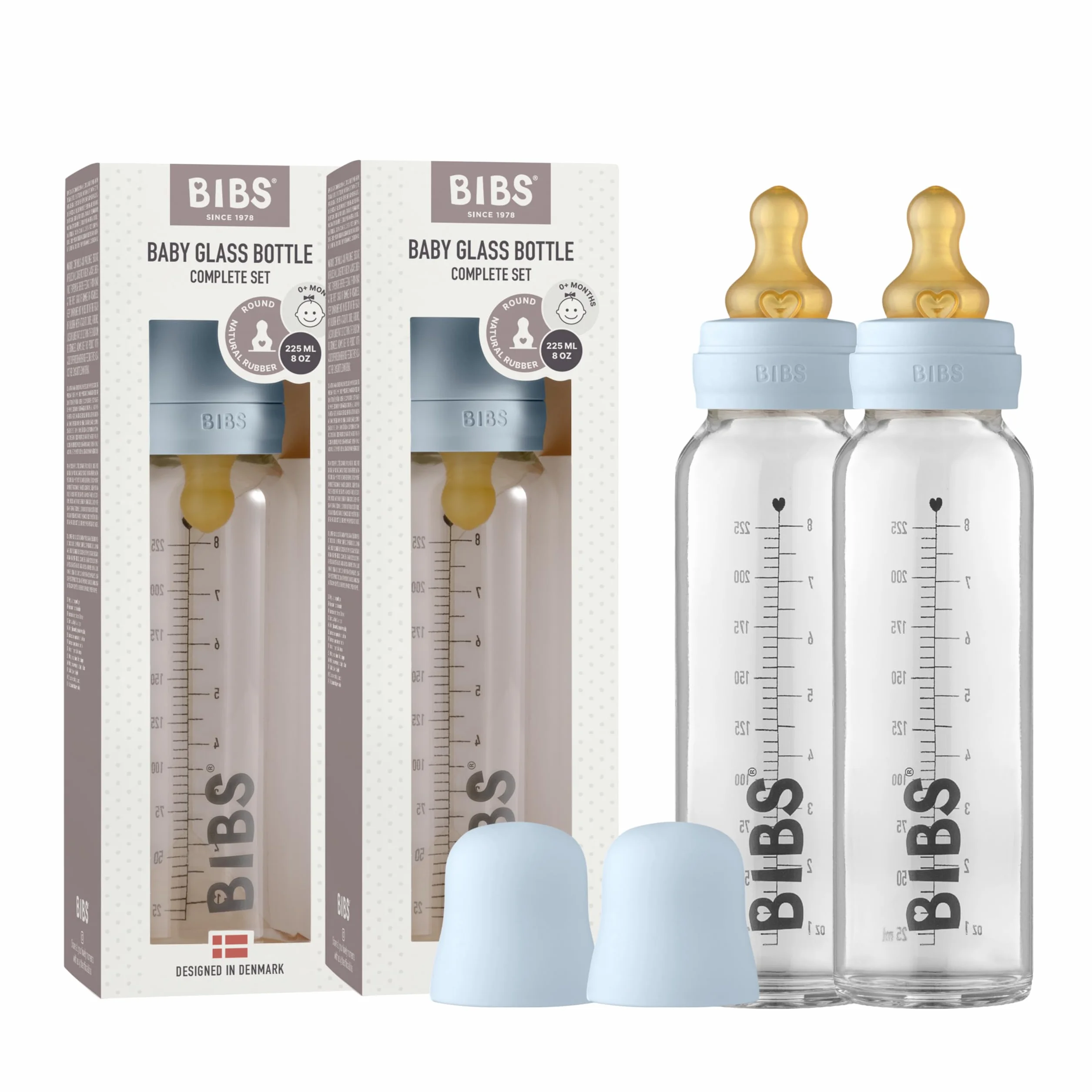 Butelka ze szkła BIBS. Antykolka, zestaw 2 szt. Okrągły smoczek z naturalnego lateksu kauczukowego, wspomaga naturalne karmienie piersią, kompletny zestaw - 225 ml (opakowanie 2), Baby Blue
