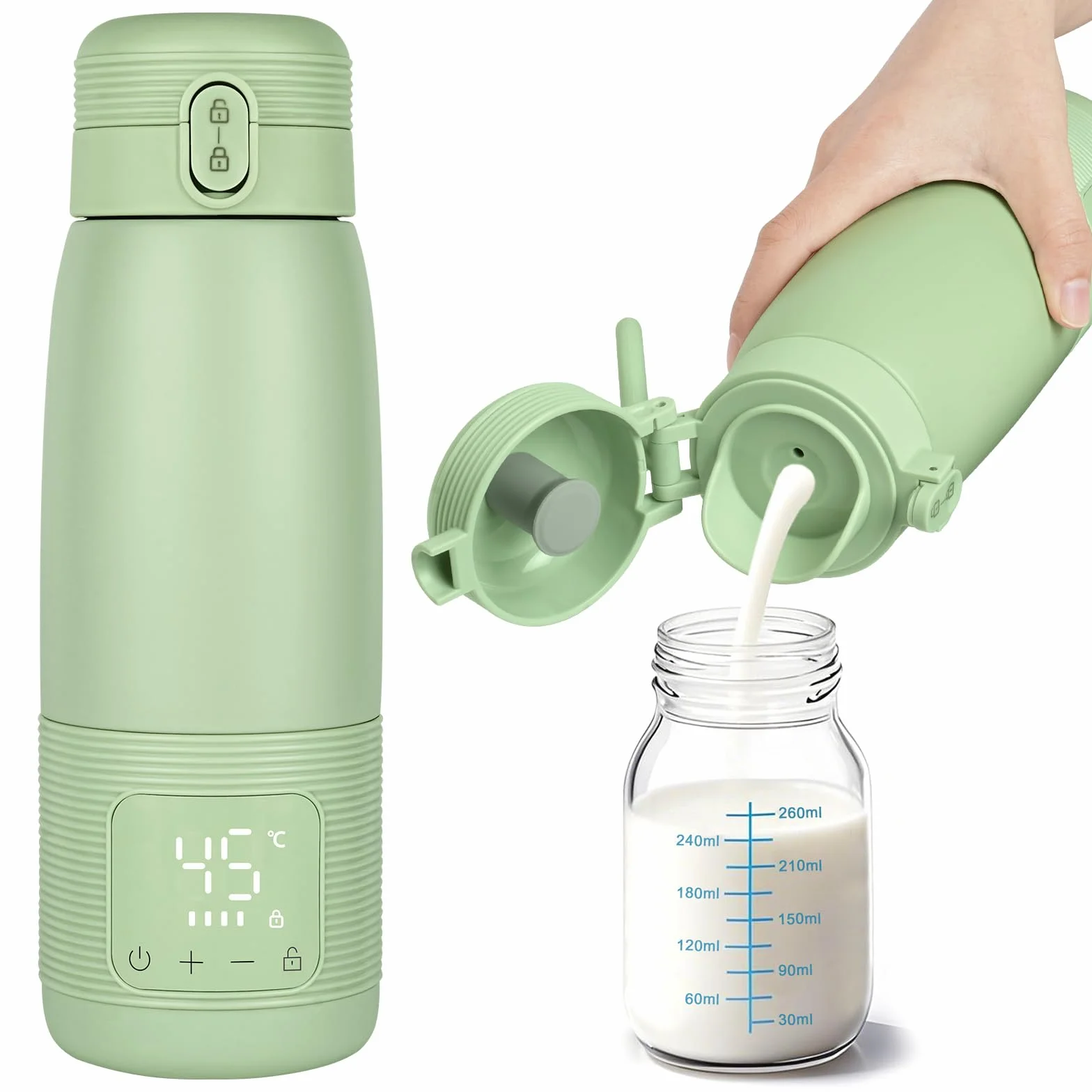 Aolso Przenośny podgrzewacz do butelek na podróż, 500 ml podgrzewacz do mleka matki, mieszanki lub wody, szybkie nagrzewanie i długa żywotność baterii, ładowanie USB, butelka dla niemowląt do pojazdu