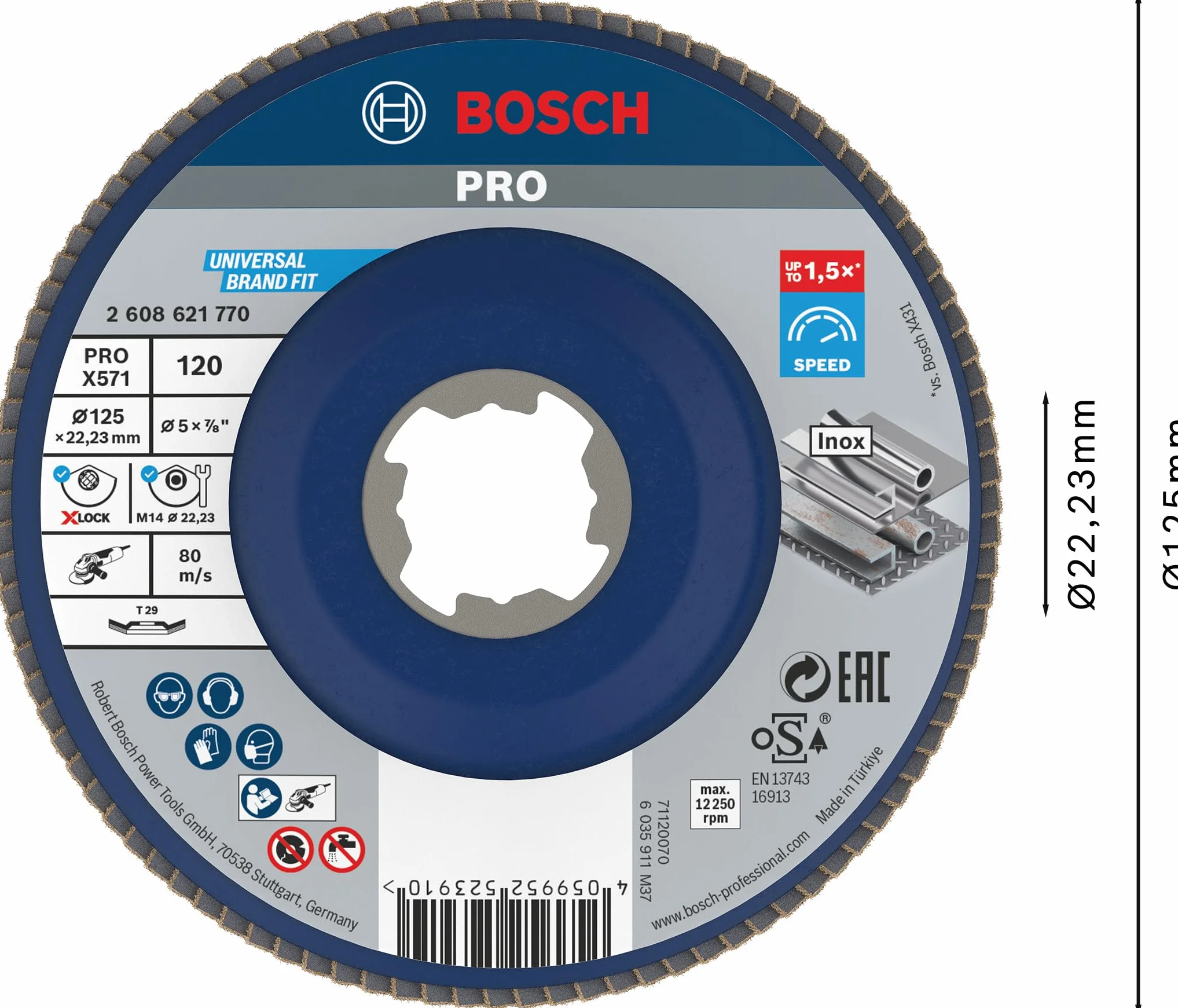 Bosch 1x Tarcza listkowa PRO Metal X571, wersja kątowa do mechanizmu X-Lock (do Stal, Stal nierdzewna, Ø 125 mm, Ziarnistość 120, Professional Akcesoria Mała szlifierka kątowa)