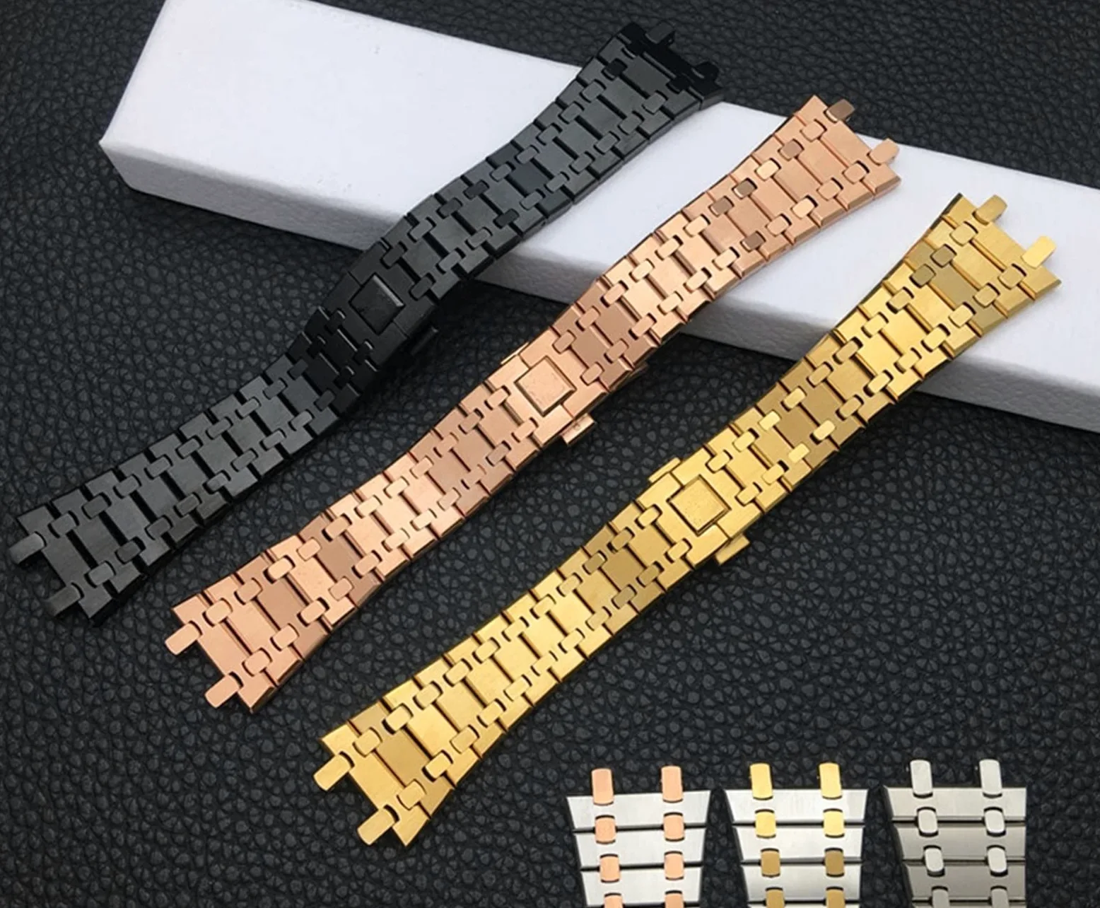 Czarny złoty srebrny pasek do zegarka 21 mm 26 mm mężczyźni kobiety bransoleta do zegarka ze stali nierdzewnej do AP ROYAL dąb składana klamra (kolor: średni złoty pasek, rozmiar: 26 mm)