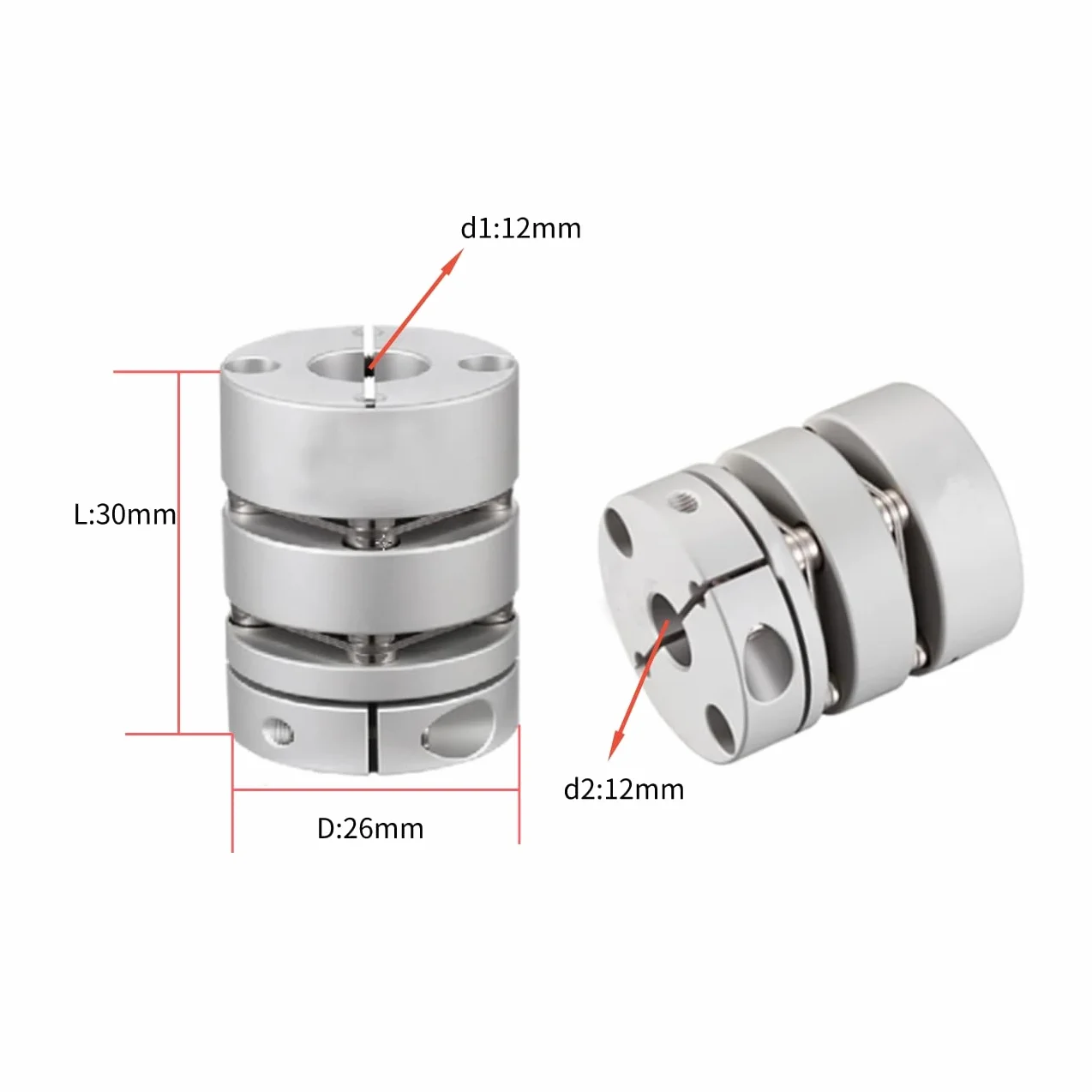 Elastyczne sprzęgło ze stopu aluminium podwójna membrana zacisk wału silnika złącze D26L30 różne średnica wewnętrzna 12-12 mm