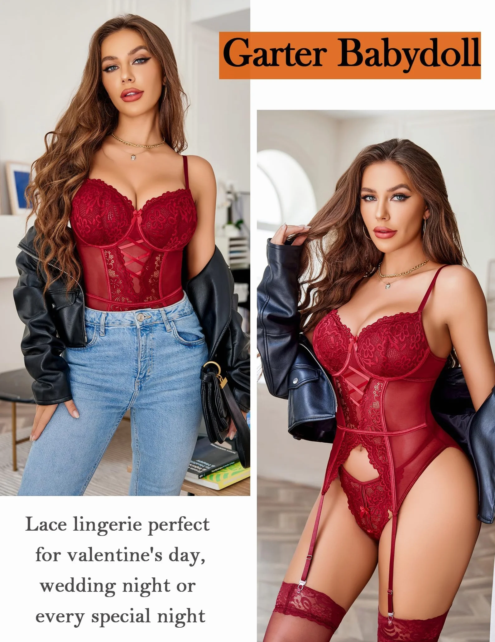 Avidlove Zestawy bielizny damskiej Seksowne koronkowe body dekolt w serek bielizna do pończoch kwiatowy jednoczęściowy Teddy Babydolls trykot bez Sotcking