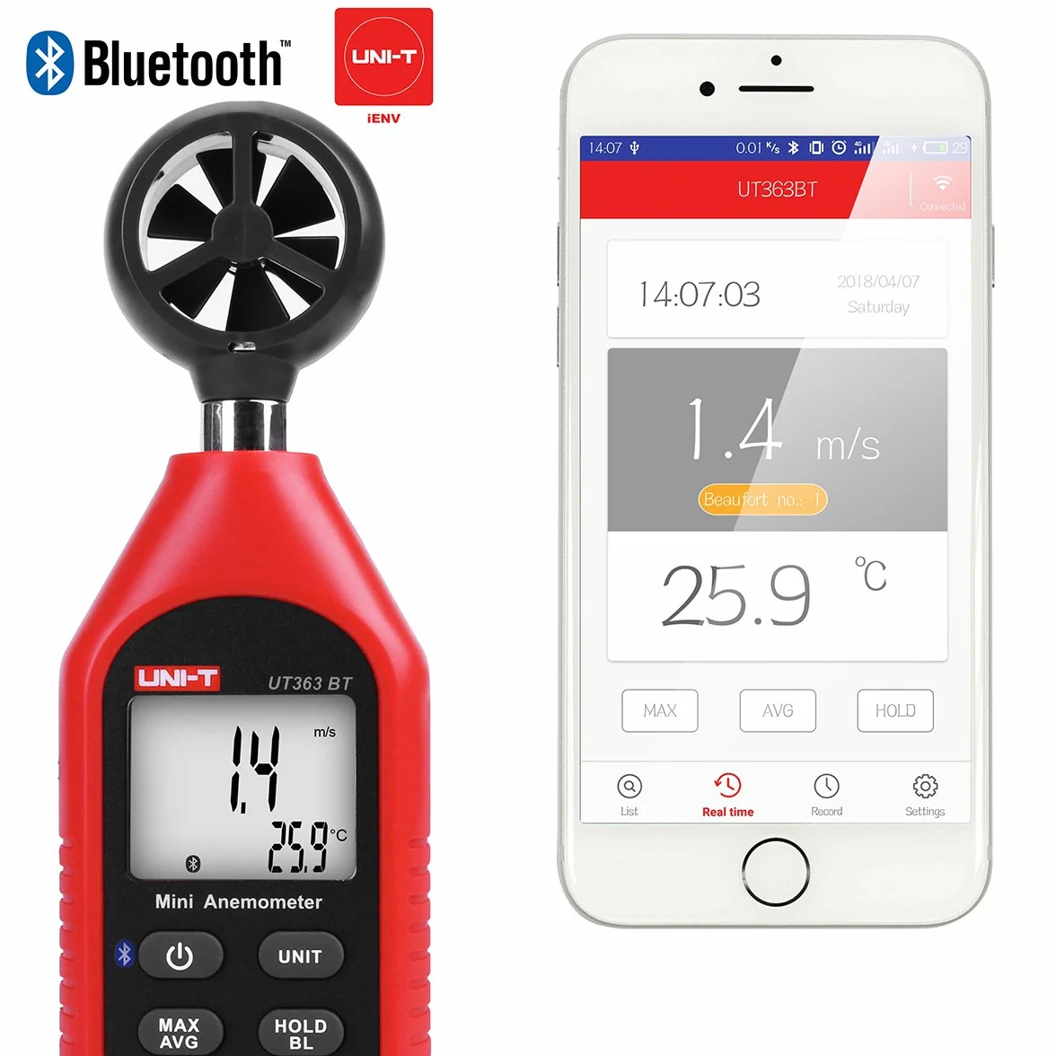 UNI-T Ręczny mini anemometr Bluetooth UNI-T UT363BT ręczny mini cyfrowy anemometr z termometrem i maks./min do zbierania danych pogodowych i sportów na świeżym powietrzu windsurfingu, żeglowania z tyłu