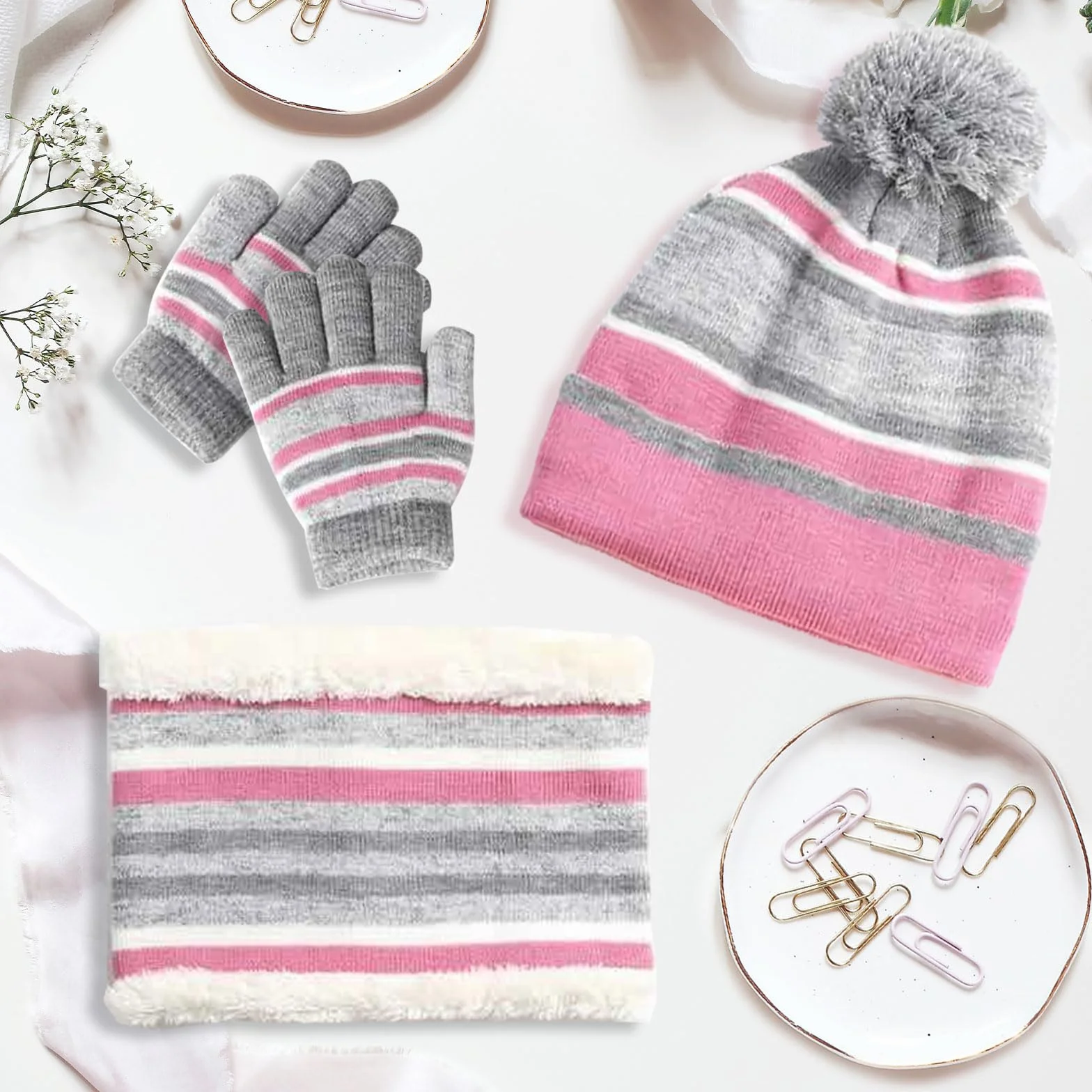 Dziecięca czapka zimowa w paski, dzianinowa czapka beanie, komin, szalik, rękawiczki, zestaw z grubą podszewką z polaru, bawełna, dzianina termiczna, pompon, czapka ocieplacz na szyję, dla
