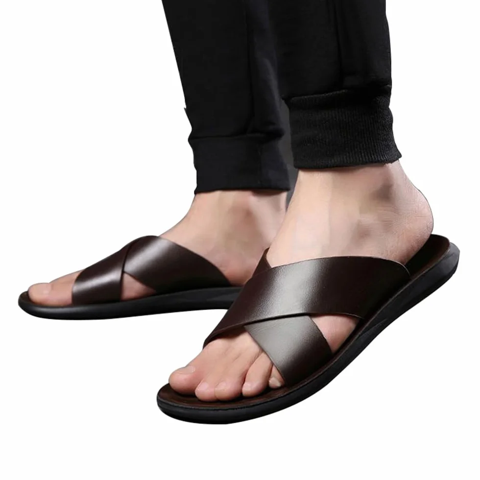 MGGMOKAY Męskie skórzane sandały, cross slide sandały, letnie oddychające buty plażowe