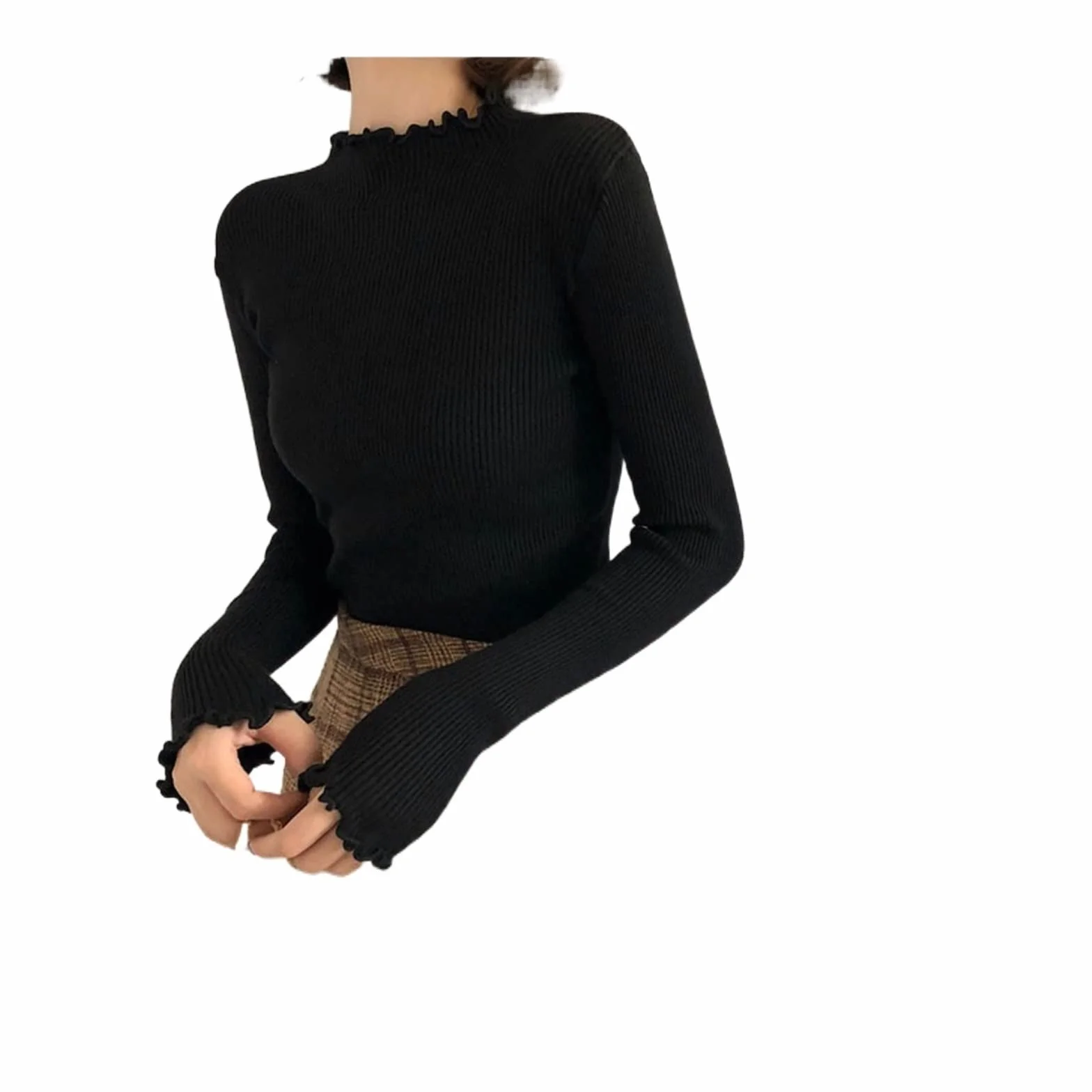 Damskie kardigany Fall Winter Ruffles Sweater Turtleneck Ruched Women Sweaters High Elastic Solid Female Slim Sexy Knitted Pullovers(Schwarz)