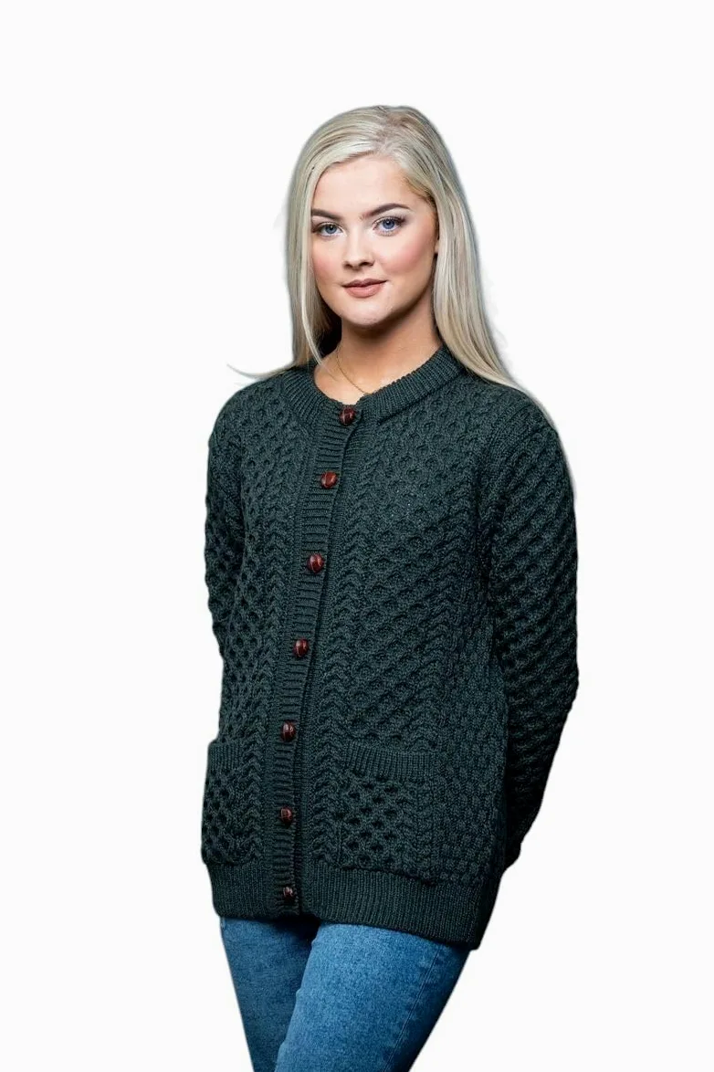 Irish Aran Wool Lumber kardigan damski z guzikami i kieszeniami, wyprodukowano w Irlandii