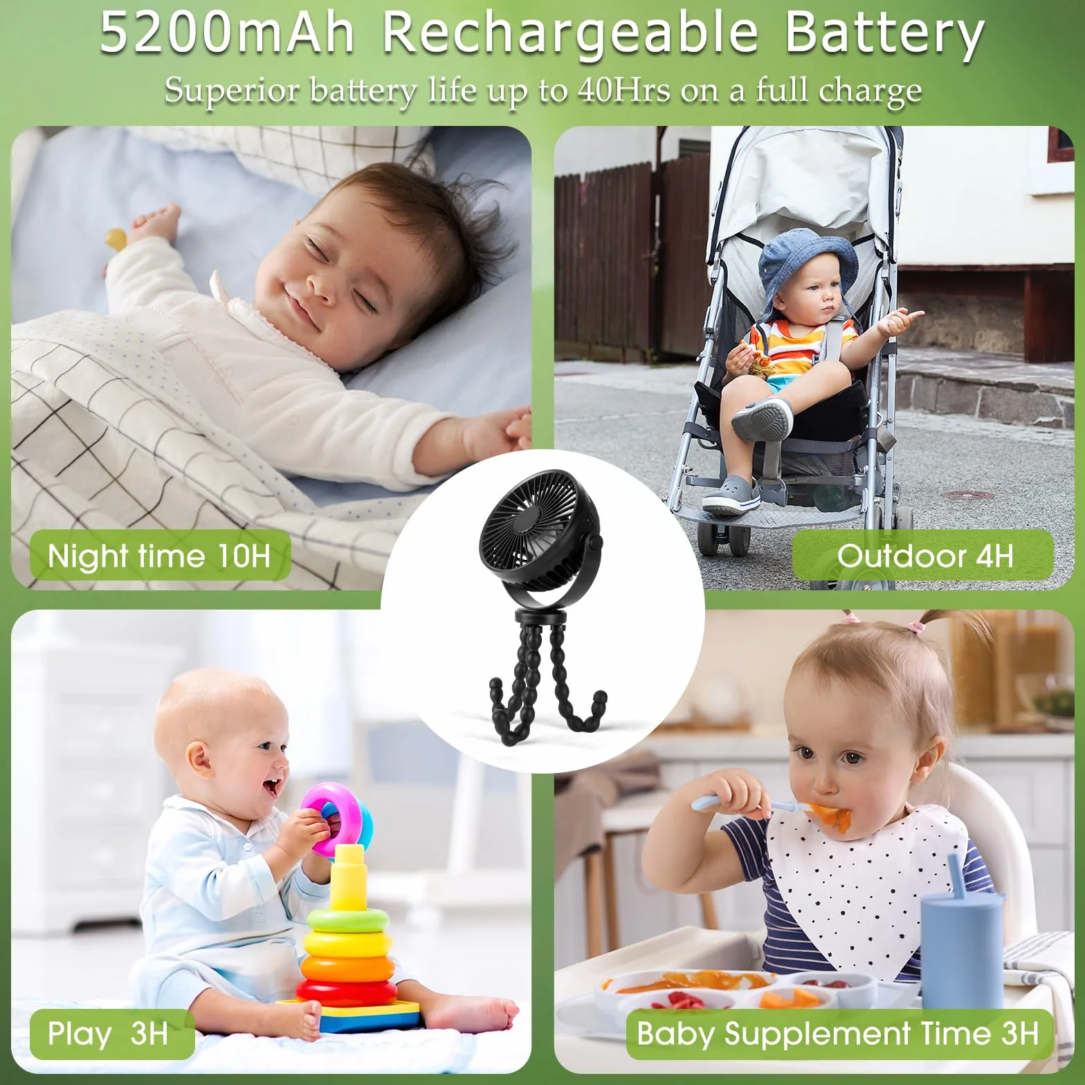 Wentylator do wózka POPERFUN 5200 mAh 40H, żywotność akumulatora wentylatora do wózka, odłączany wentylator USB 360°, 3 prędkości, podróż, fotelik samochodowy, biuro (Czarny)
