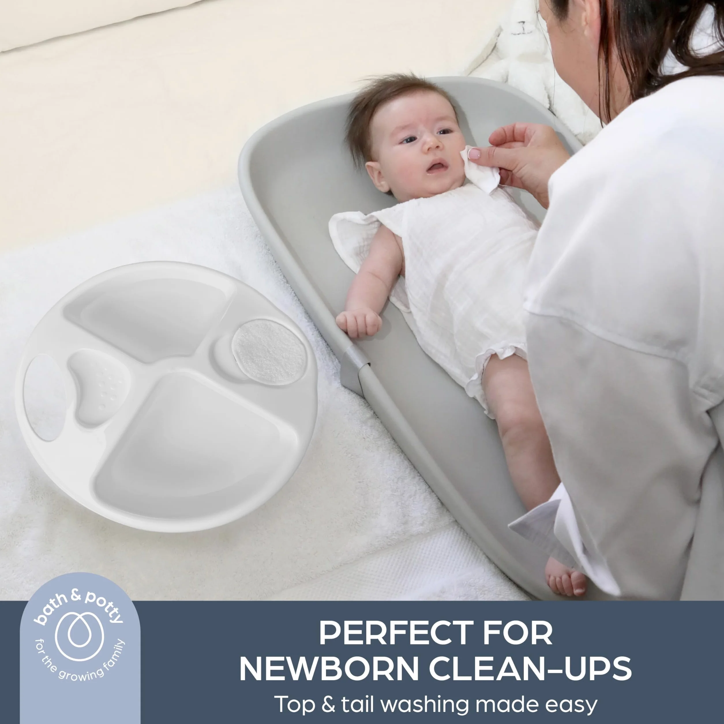 Dreambaby Miska górna i ogonowa, do codziennego użytku, miska górna i ogonowa do kąpieli niemowląt, 2 oddzielne miejsca na gąbki górne i ogonowe, ergonomiczna konstrukcja, lekka i przenośna, łatwa do