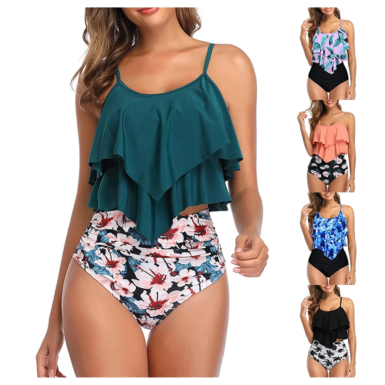 Dwuczęściowy strój kąpielowy Push Up Stroje kąpielowe Damskie zestawy bikini z wysokim stanem Plus rozmiar Wzburzyć strój kąpielowy Halter Dwuczęściowy zestaw bikini Strój kąpielowy Zestaw bikini (AS)