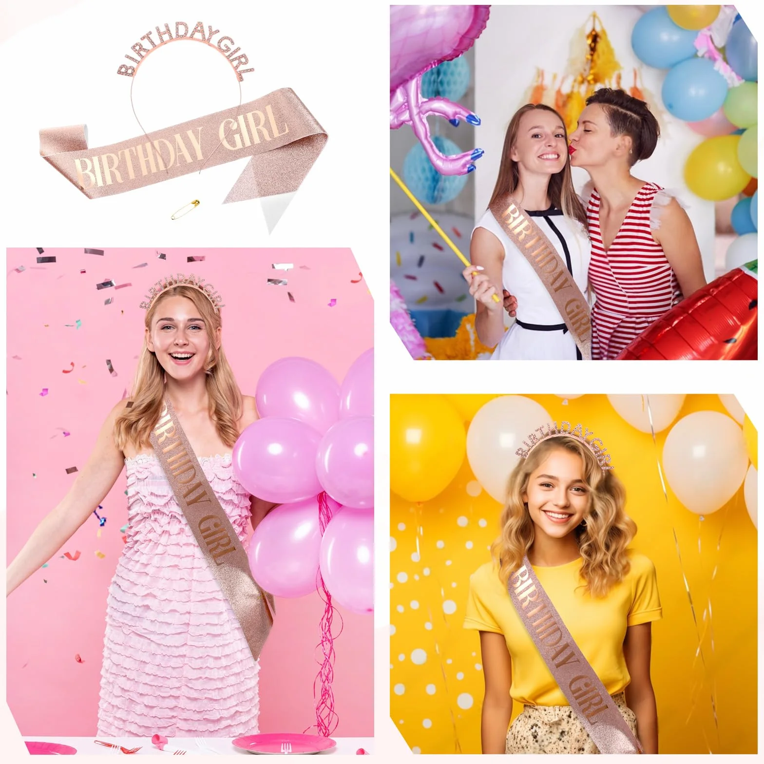 Korona urodzinowa dla dziewcząt, szarfa błyszcząca szarfa urodzinowa "birthday girl", szarfa dla dziewcząt, dla kobiet, na uroczystości, imprezę, bal absolwentów, dekoracja Happy Birthday, na
