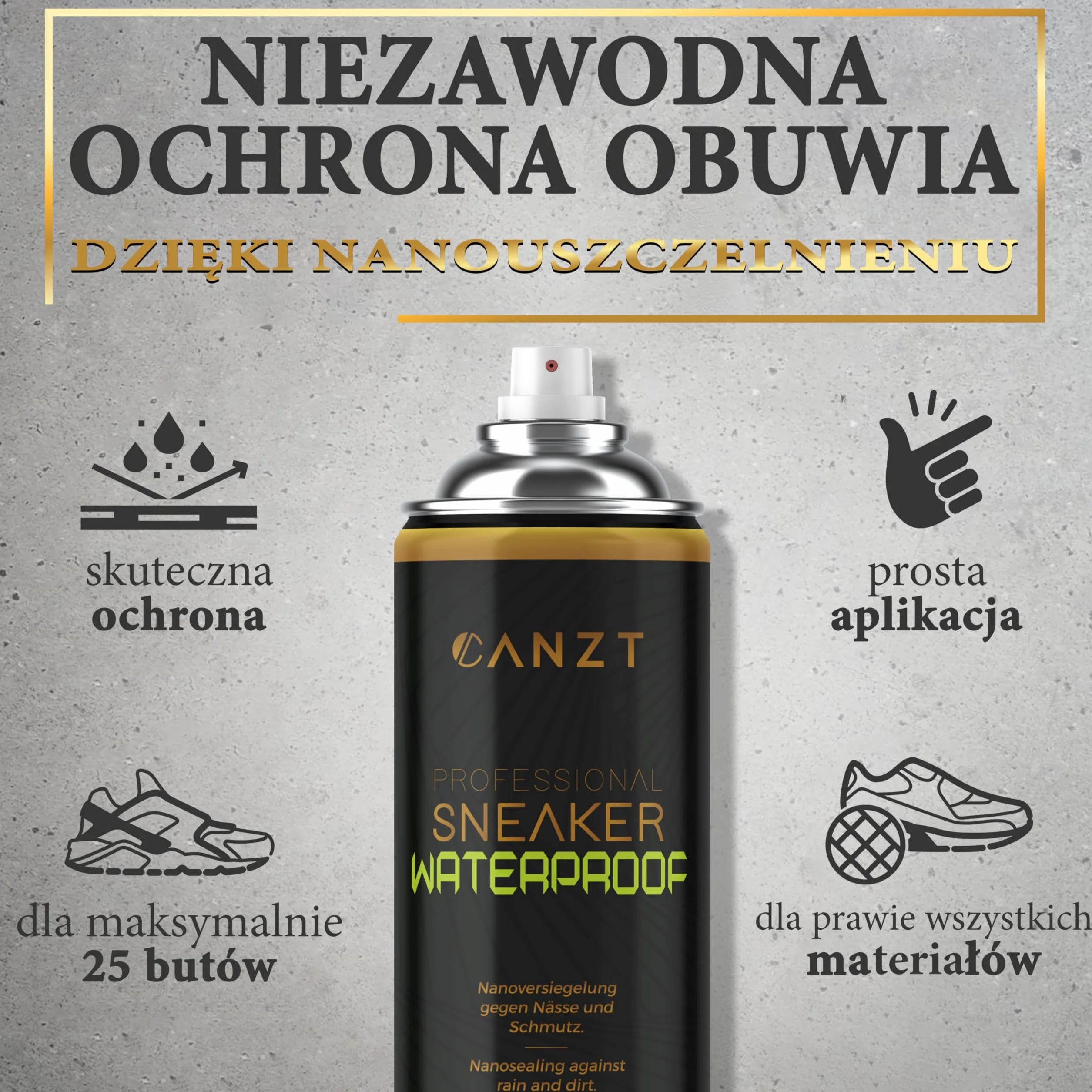 Canzt Impregnat do Butów 400 ml – Spray Ochronny do Skóry, Zamszu, Nubuku i Tkanin – Wodoodporny i Oddychający Preparat do Sneakersów i Obuwia Outdoorowego