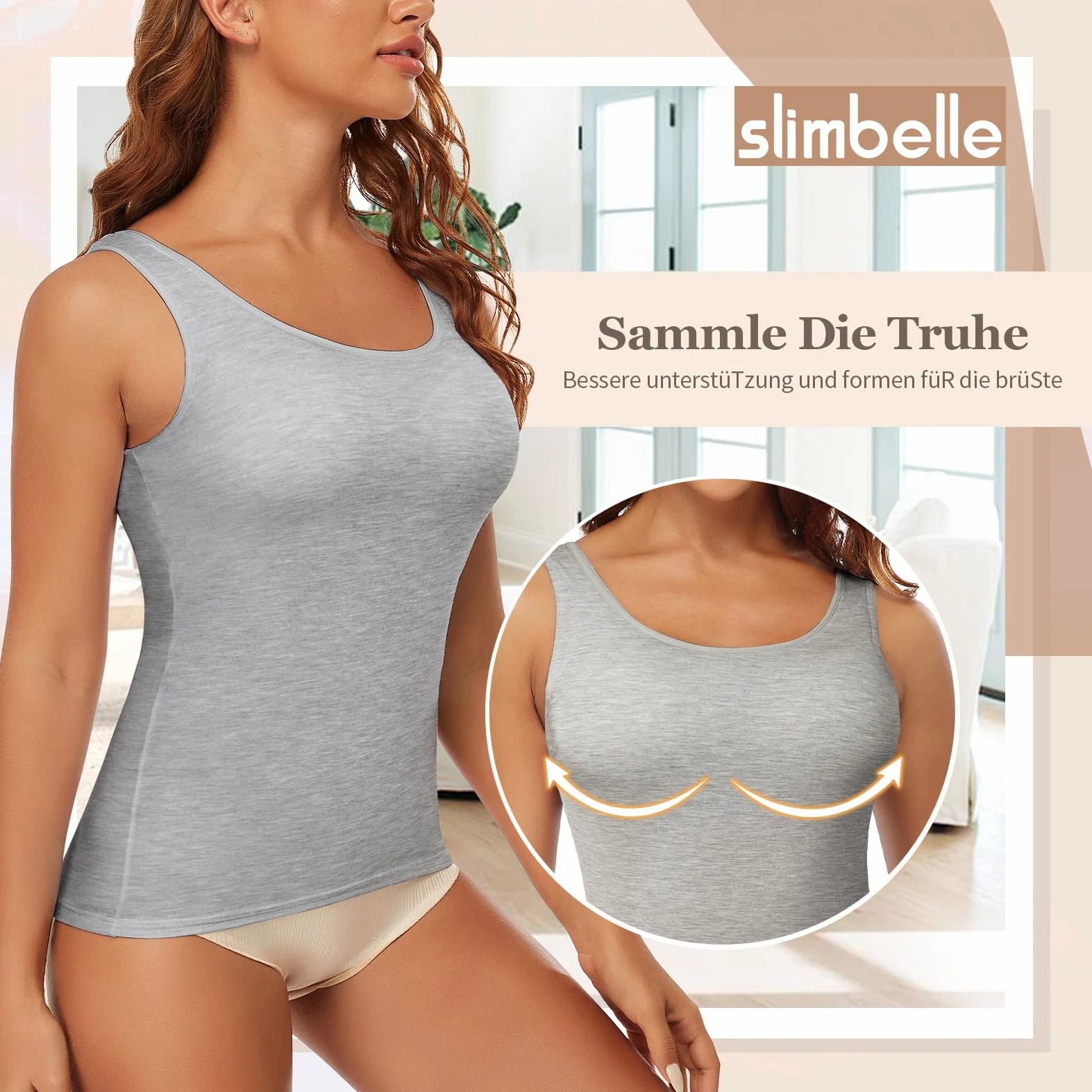 SLIMBELLE Damski biustonosz podkoszulek Basic Tank Tops ze zintegrowanym biustonoszem, szerokie ramiączka, bezszwowa podeszwa, bez fiszbin, wyściełana koszula, okrągły dekolt, koszula z braletką