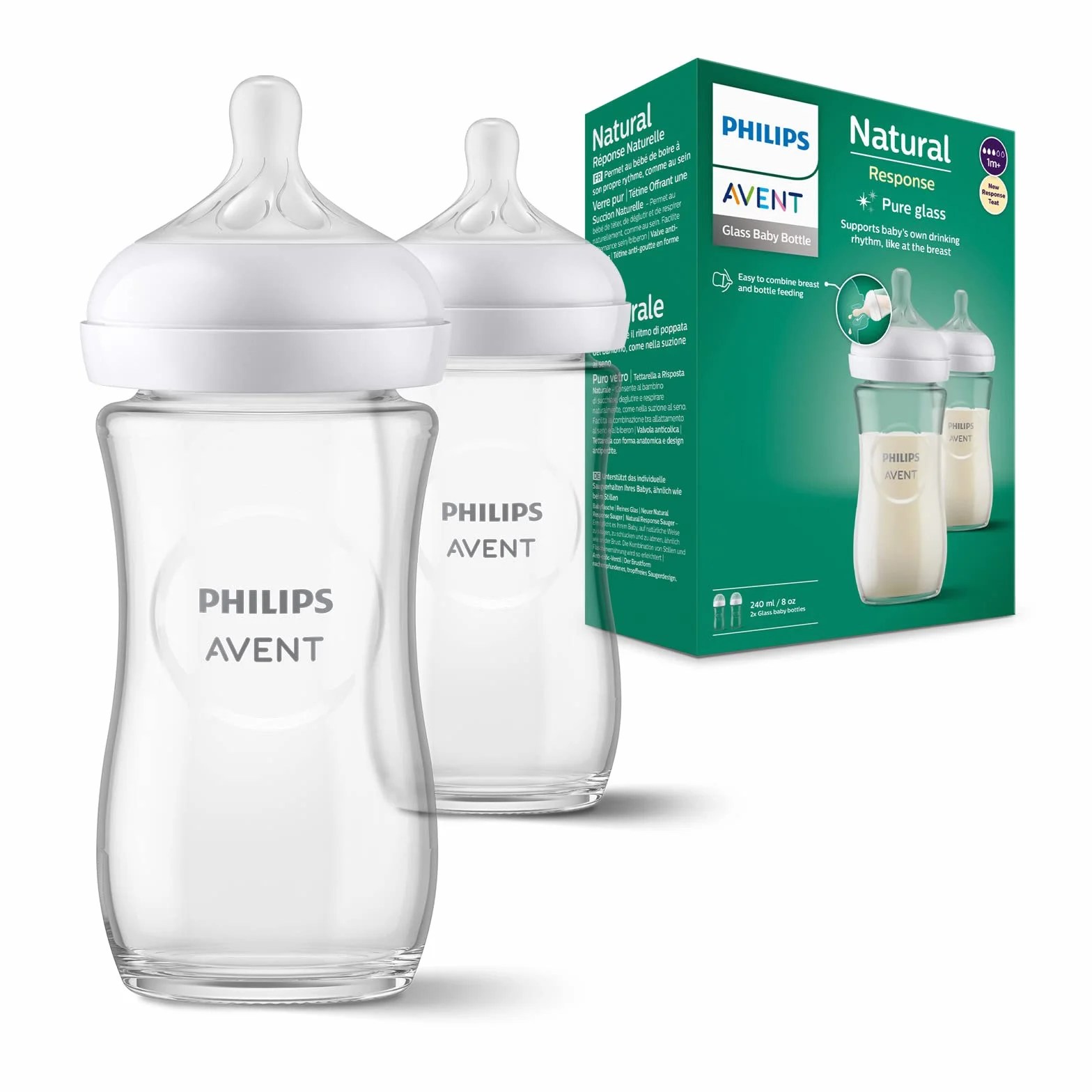 Philips Avent Butelka do karmienia Natural Response: 2 butelki do karmienia 240 ml bez BPA dla noworodków od 1 miesiąca (model SCY933/02)
