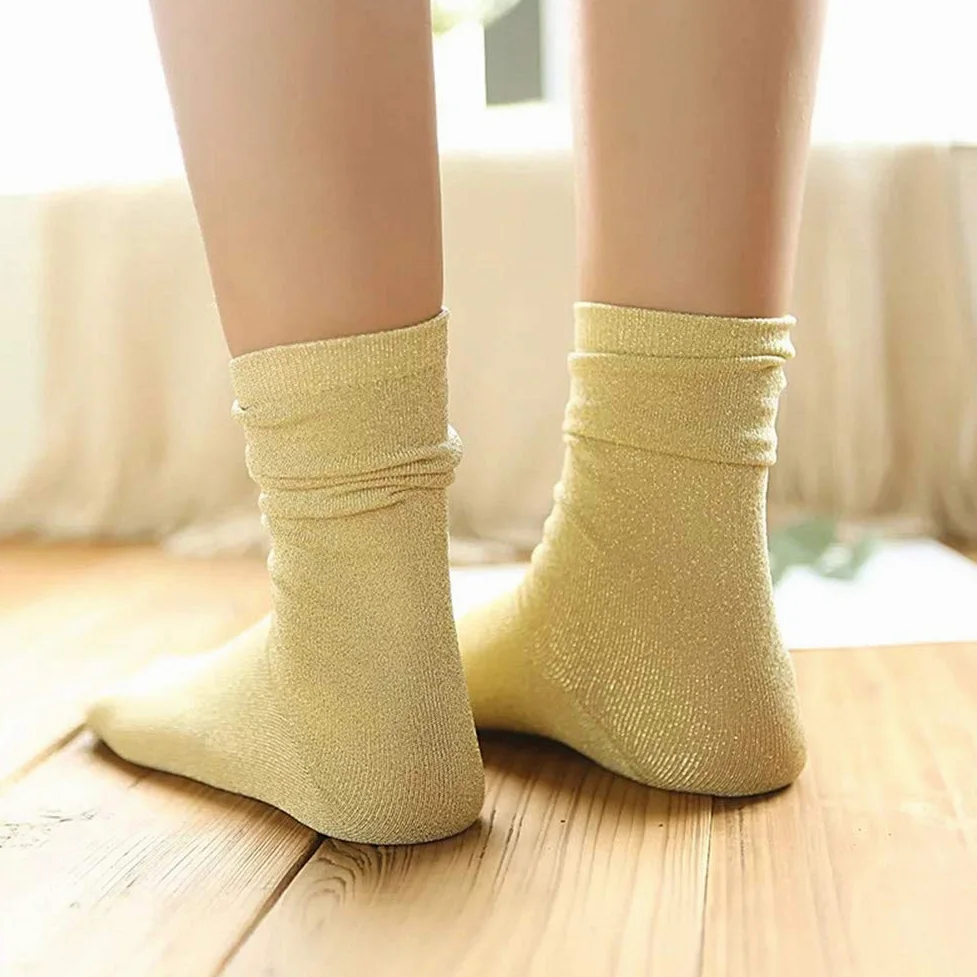 Skarpety termiczne Wygodne damskie brokatowe błyszczące miękkie skarpetki Jesień Zima Solid Color Casual Pończochy Prezent (Color : Golden, Size : One Size)