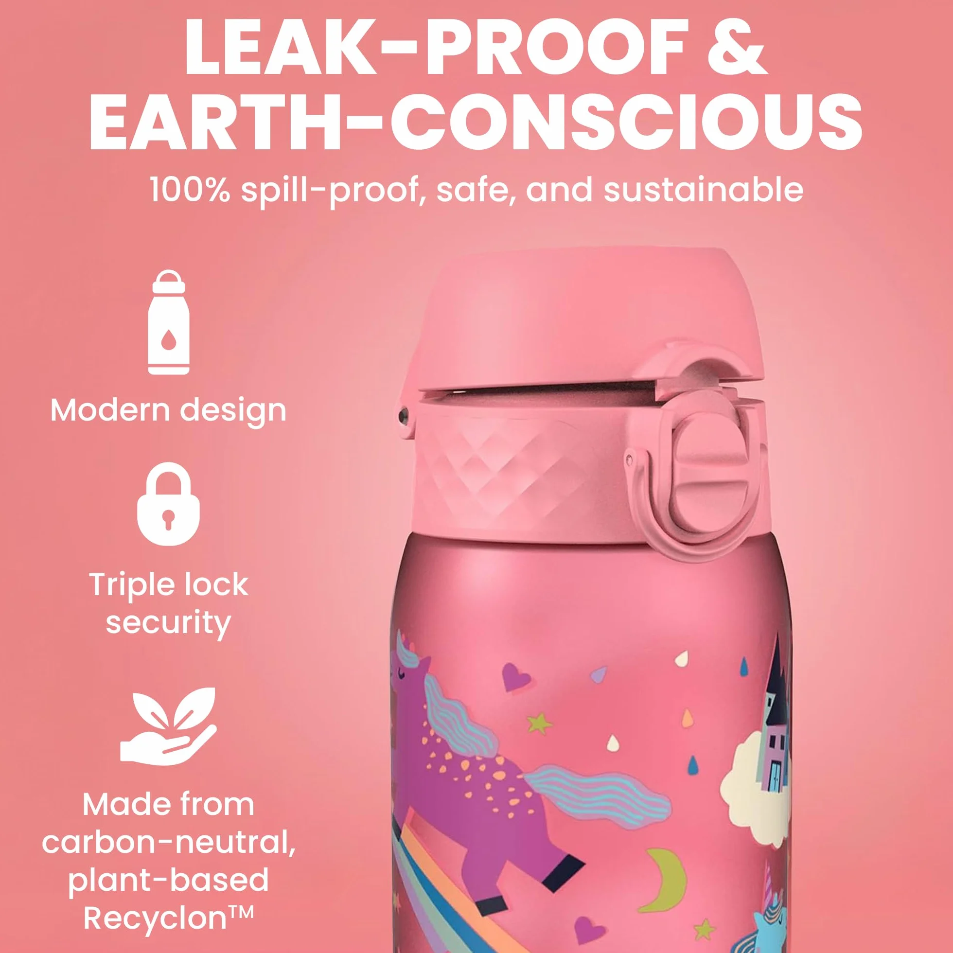 ION8 Butelka dla Dzieci, 350 ml/12 oz, Szczelna, Łatwa do Otwarcia, Bezpieczny Zamek, Można Myć w Zmywarce, Bez BPA, Uchwyt do Przenoszenia, Łatwa do Czyszczenia, Bezwonny, Różowe Jednorożce