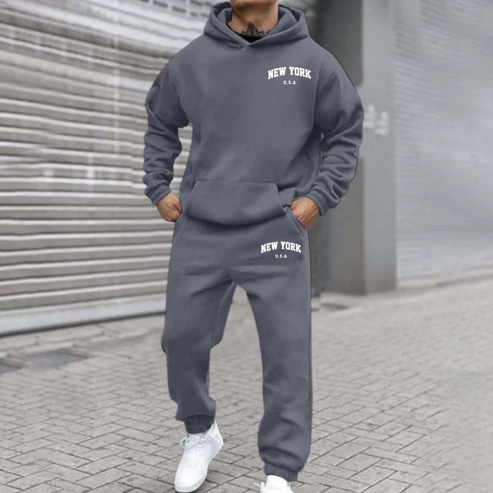 Męski dres do joggingu New York Logo zestaw bluza z kapturem i spodnie Y2K długi rękaw