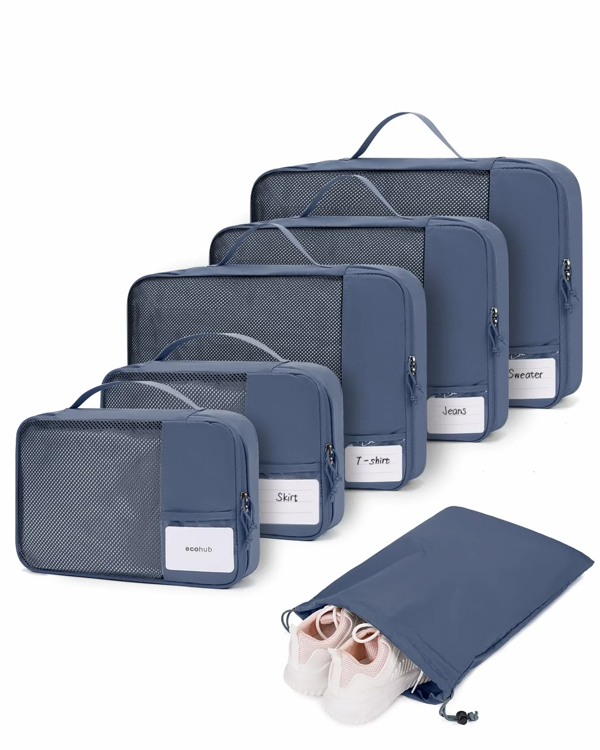 ECOHUB Zestaw Organizerów do Walizki 6 szt., Kostki do Pakowania z Etykietą ID, Ekologiczne Packing Cubes, Lekkie Torby Podróżne do Plecaka, System Porządkowania Bagażu(Ciemnoniebieski)
