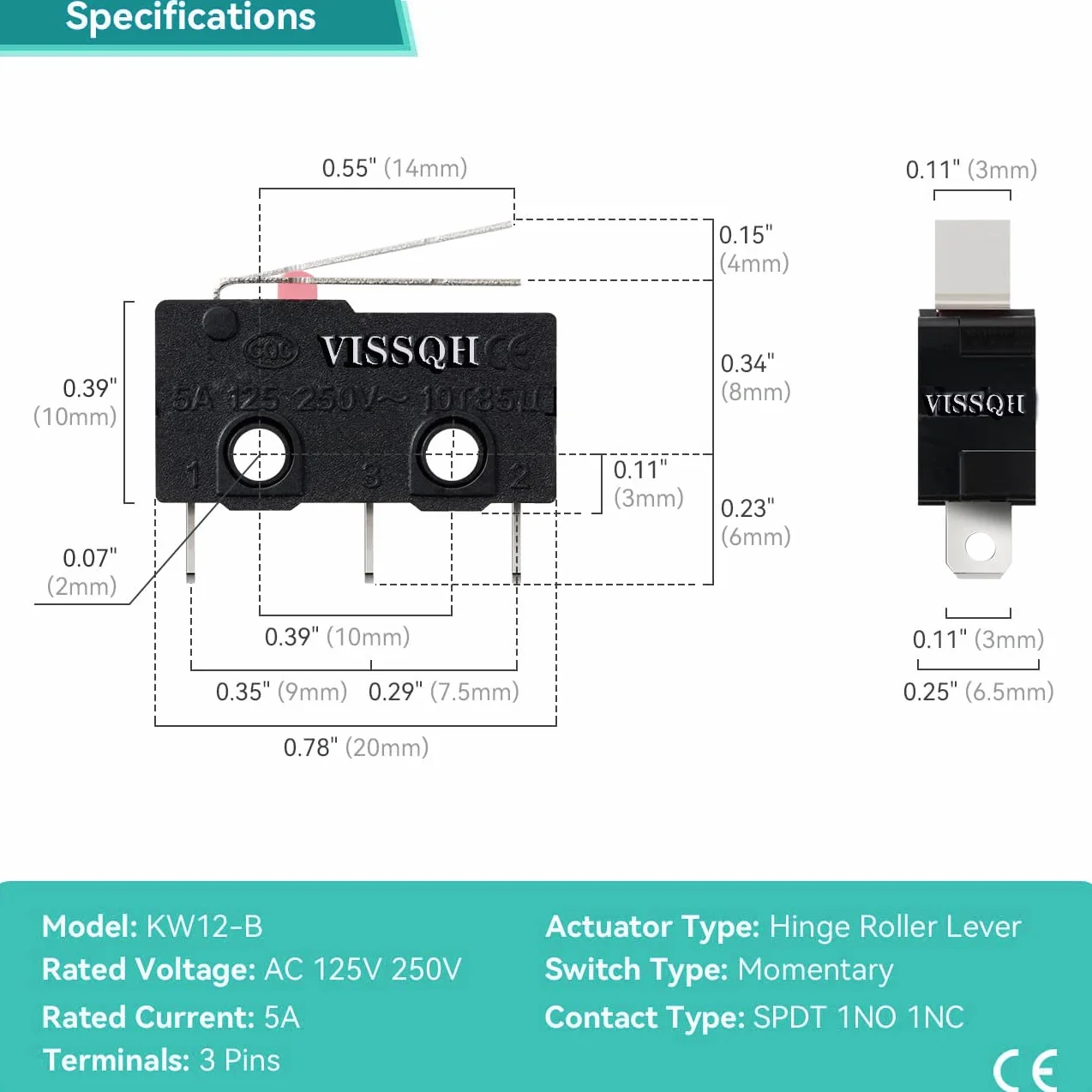 Zestaw 50 mikroprzełączników krańcowych SPDT 1NO 1NC Long Straight Hinge Lever Momentary Limit Switch, AC 250 V 5 A Micro Switches 3 piny (prosty uchwyt 16 mm)