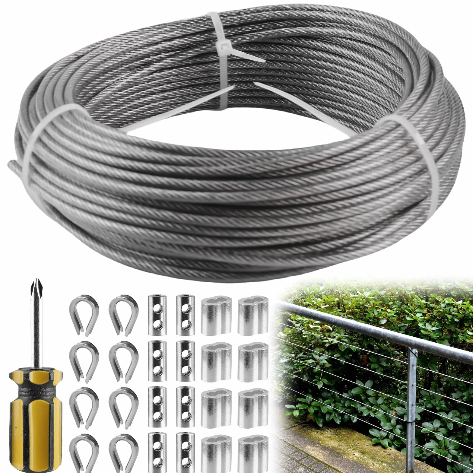 GBKDQQ Linka Stalowa 3 mm z Powłoką PCW - 20 m, 304 z Aluminiowymi Tulejkami i Oczkami do Zawieszania Łańcuchów, Światłowodów, Ogrodzenia
