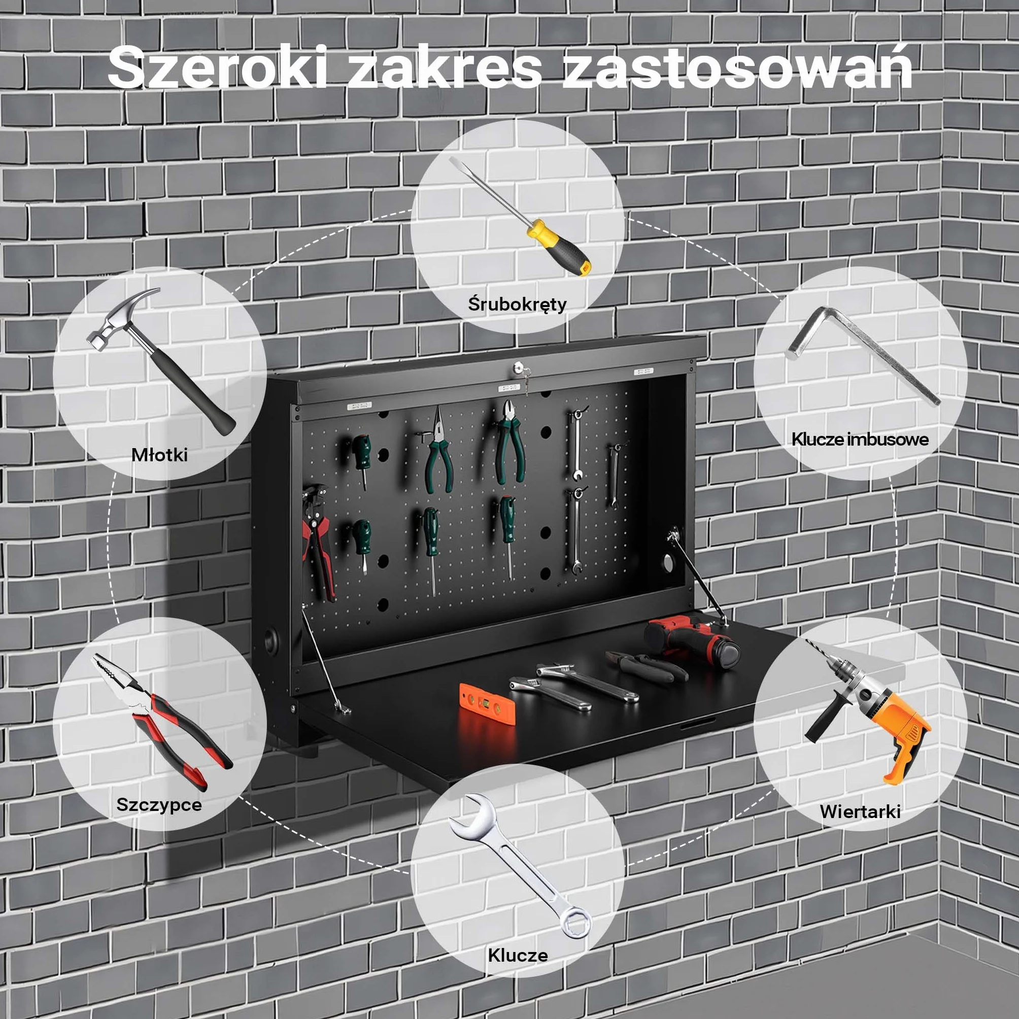 Wiltec Składany stół warsztatowy do 50 kg nośności z blatem 905 x 515 mm, wisząca szafka na ścianie z tablicą warsztatową na narzędzia