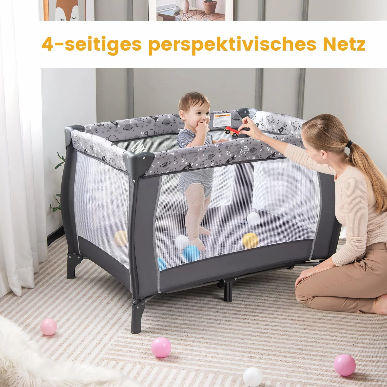 COSTWAY Łóżko dostawne 4 w 1, przenośne łóżko turystyczne ze składanym materałem, łóżeczko dziecięce ze stołem do przewijania, baldachim, łuk do zabawy, wózek wiklinowy z kółkami, torba