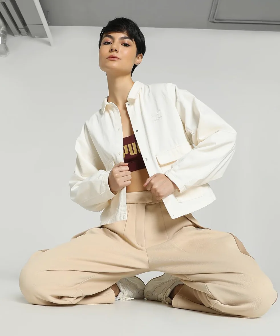 Puma kurtka jeansowa damska kolor beżowy przejściowa oversize 623697