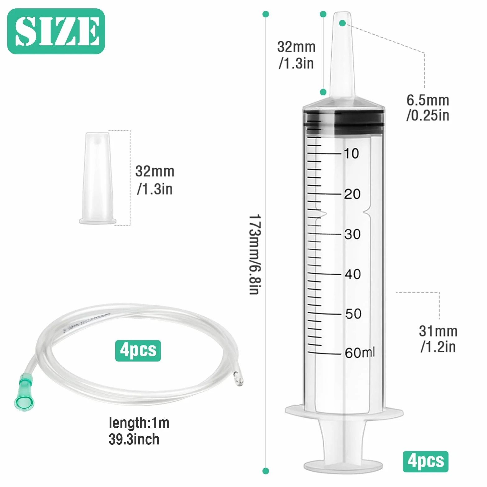 4 x strzykawka z tworzywa sztucznego 60 ml, strzykawka z tworzywa sztucznego z wężem, wielokrotnego użytku, indywidualnie zamknięte opakowanie, do laboratorium, karmy dla zwierząt, nawadniania roślin