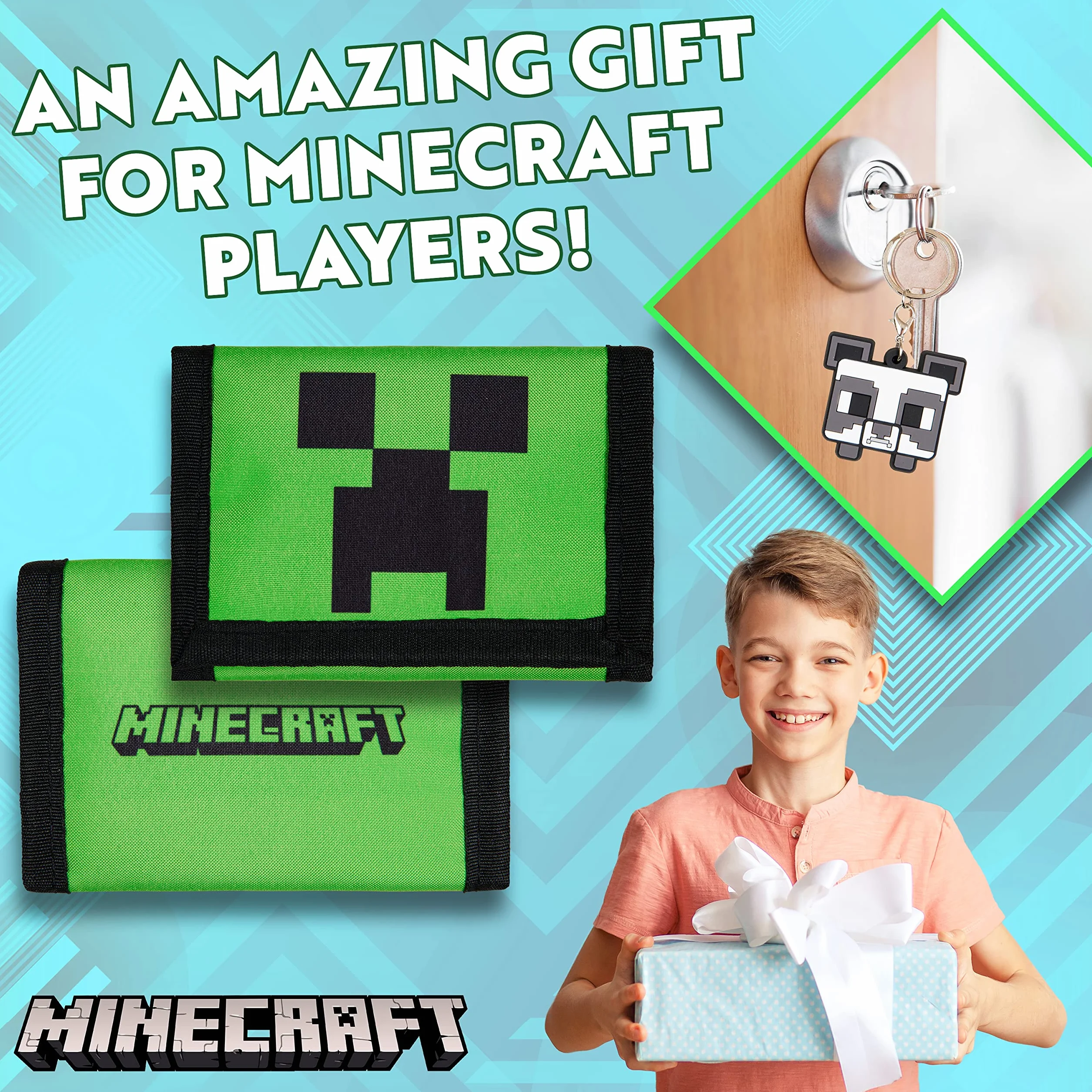 Minecraft Portfel chłopięcy z przegródkami na karty i kieszenią na monety z zamkiem błyskawicznym - breloki Creeper dla dzieci akcesoria dla graczy, zestaw upominkowy - prezenty dla graczy