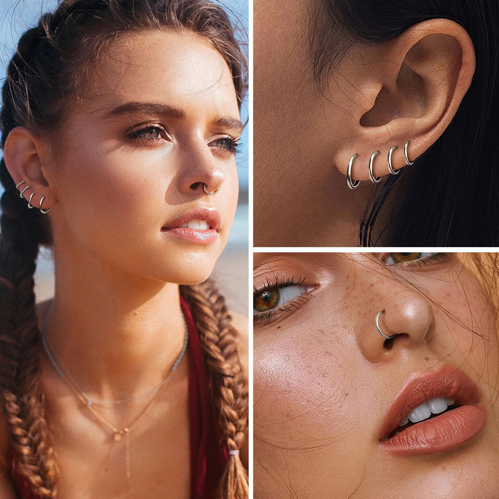 MILACOLATO 8 szt. 16G stal chirurgiczna na zawiasach zatrzaskowe segmentowe pierścienie do nosa obręcz helix chrząstka stokrotka Ohr tragus Sleeper kolczyki piercing do ciała 6-12 mm
