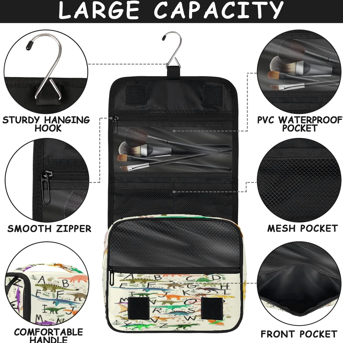 Dinozaury Podróżna kosmetyczka Alfabety Dinozaury Mycie Torba Unisex Wiszące przybory toaletowe Kosmetyczka Organizer do makijażu, wielobarwny, Jeden rozmiar