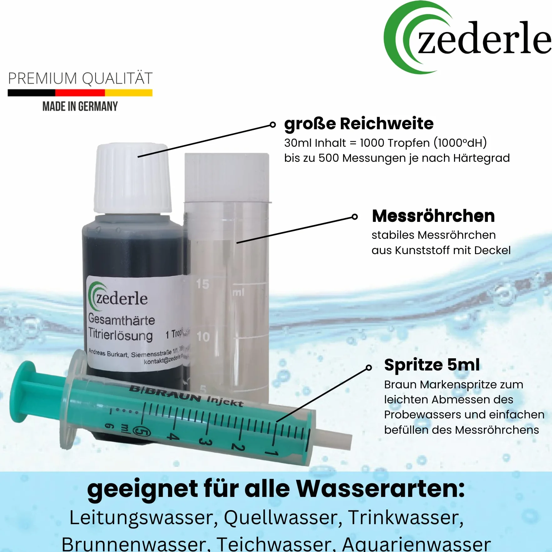 zederle Zestaw do testowania twardości wody 1 x 30 ml (odpowiada 1000 kropli) – bardzo wydajny, 40-500 pomiarów – szybki, łatwy i precyzyjny pomiar twardości wody – test twardości Made in Germany