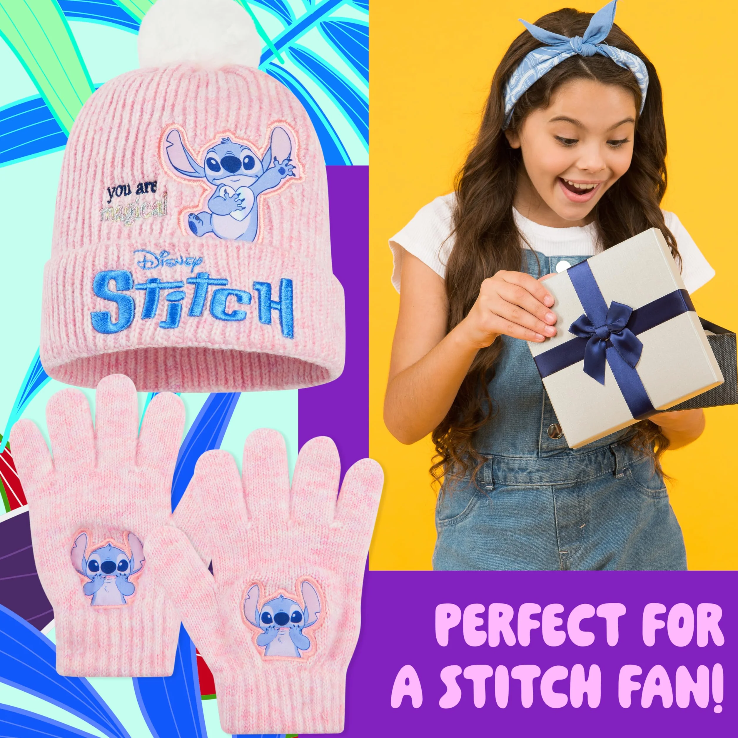 Disney Stitch zestaw czapek i rękawiczek dla dziewczynek, zestaw akcesoriów zimowych do szkoły lub podróży 2 sztuki prezent dla dzieci i młodzieży (6-14 lat, różowy ścieg)