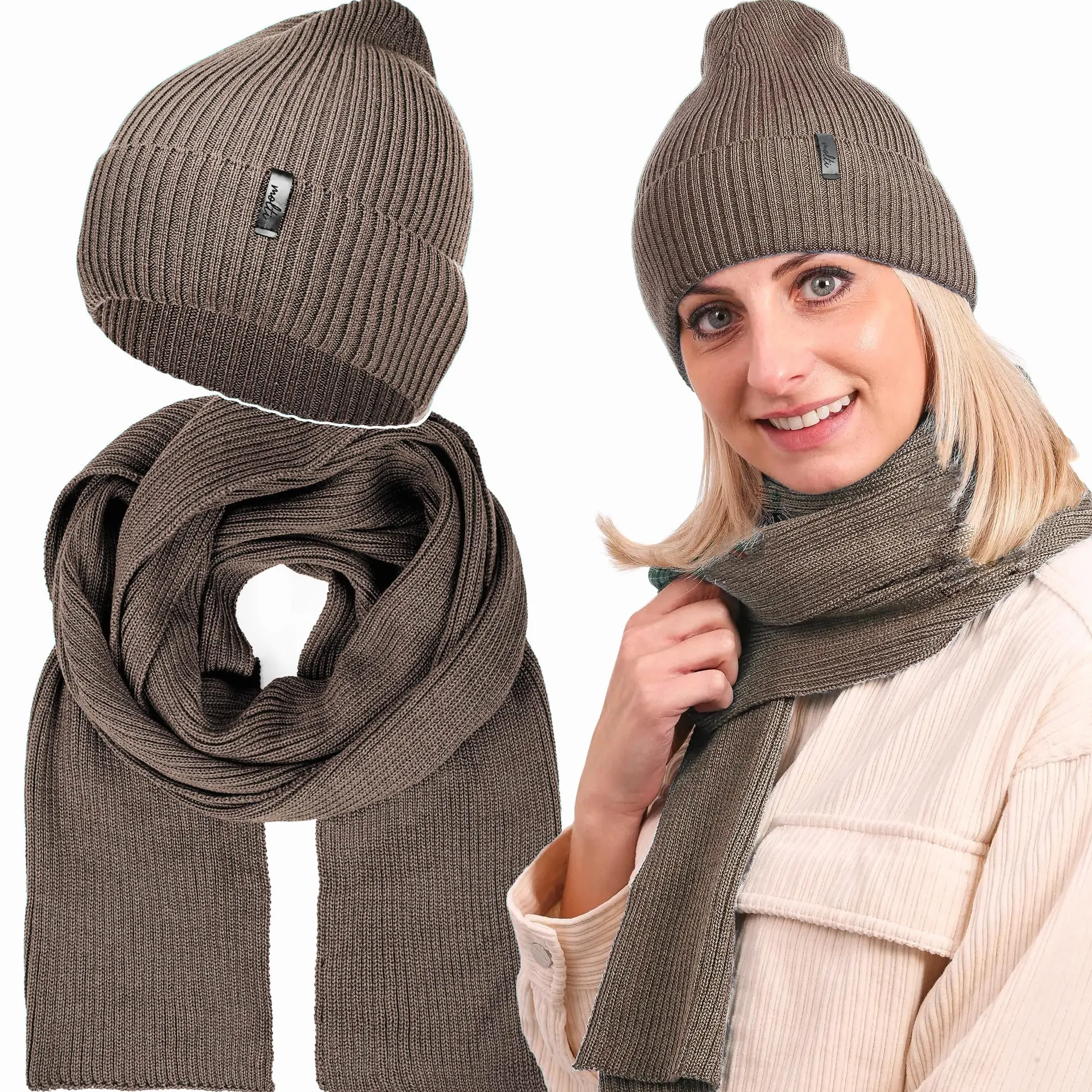 molti Zestaw damskiej czapki i szalika – 100% wełna z merynosów, czapka beanie z dzianiny 203 cm, ciepła i oddychająca, na jesień i zimę | rozmiary: 55 – 62 cm, wybór kolorów