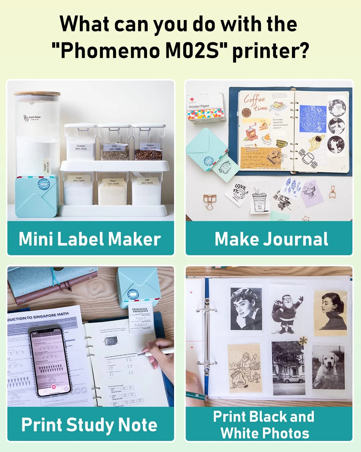 Phomemo M02S Mini drukarka termiczna 300 DPI z 6 rolkami etykiet, kompatybilna z papierem 15, 25, 53 mm, idealna do nauki, scrapbookingu, zdjęć, prezentów (zielona)