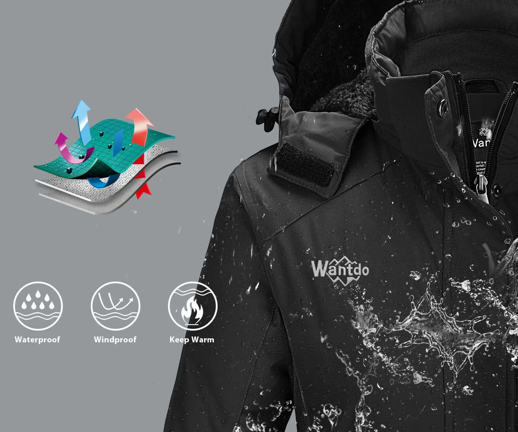Wantdo Damska zimowa kurtka narciarska, ciepły płaszcz polarowy, kurtka snowboardowa, outdoorowa, kurtka wiatrówka z kapturem